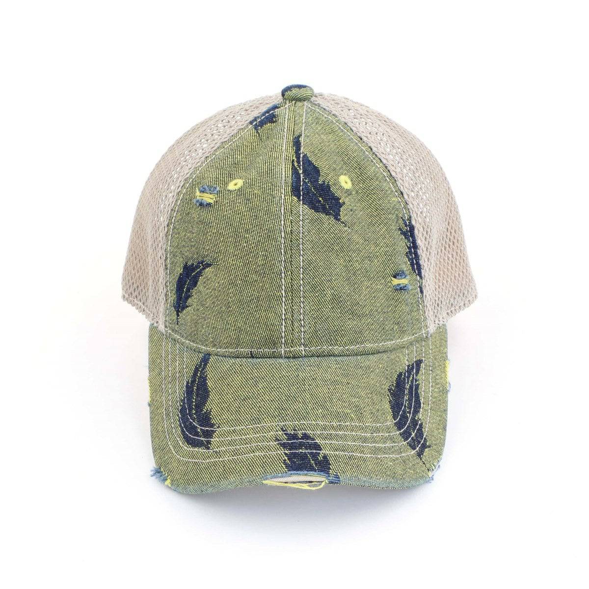 CC Leaf Motif Jacquard Denim Pony Cap featuring a stylish leaf pattern, adjustable velcro strap, and ponytail opening, suitable for women, teens, and kids.