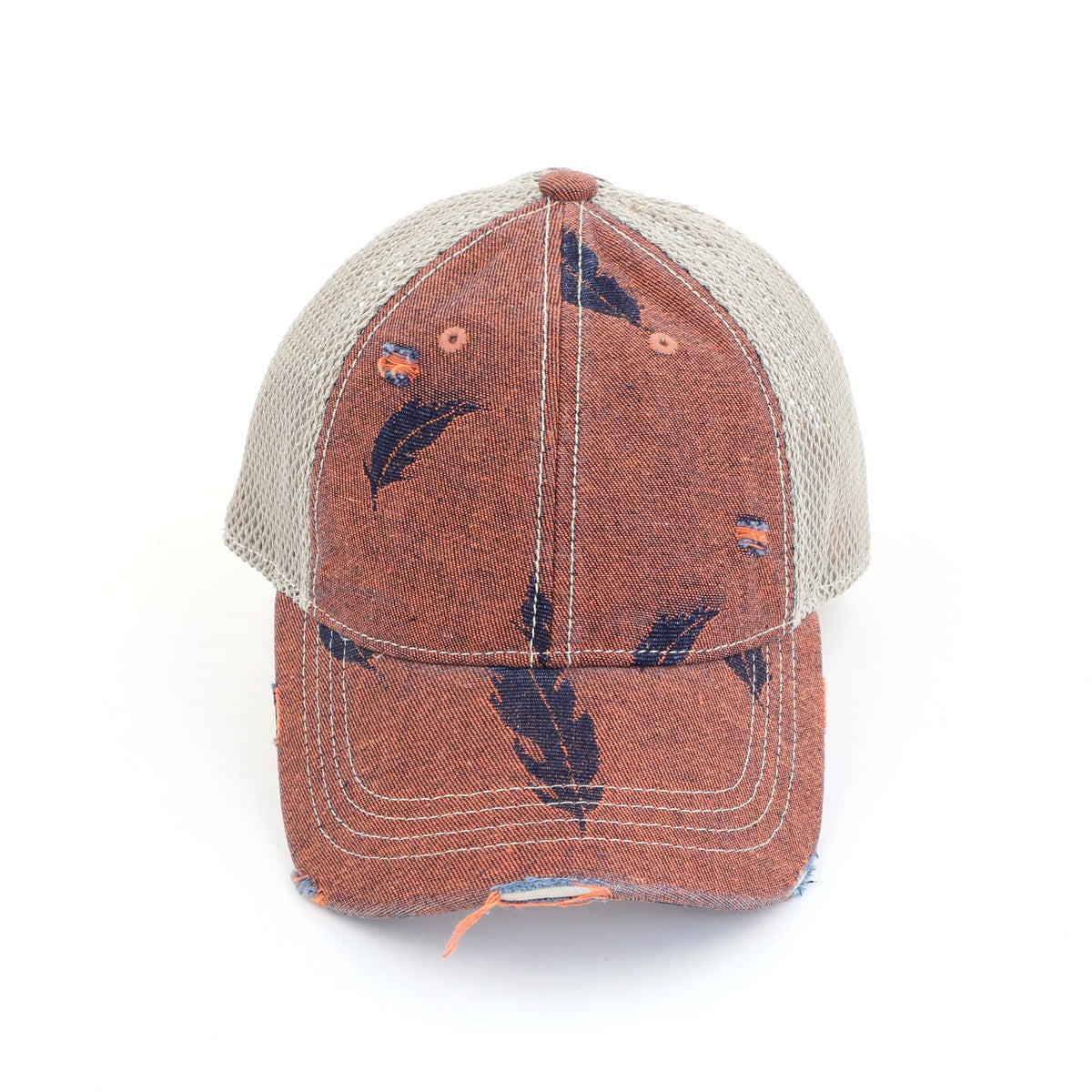 CC Leaf Motif Jacquard Denim Pony Cap featuring a stylish leaf pattern, adjustable velcro strap, and ponytail opening, suitable for women, teens, and kids.