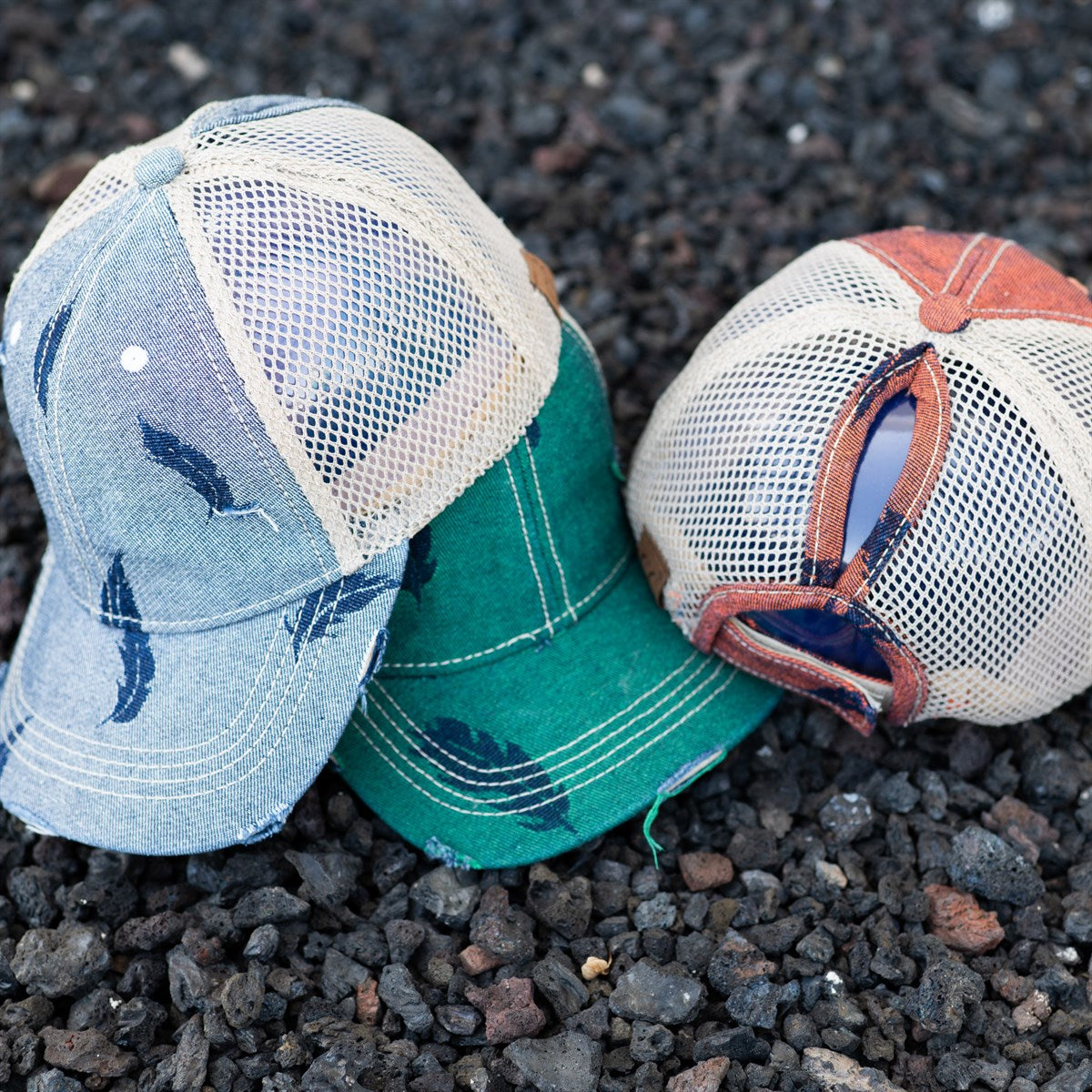 CC Leaf Motif Jacquard Denim Pony Cap featuring a stylish leaf pattern, adjustable velcro strap, and ponytail opening, suitable for women, teens, and kids.