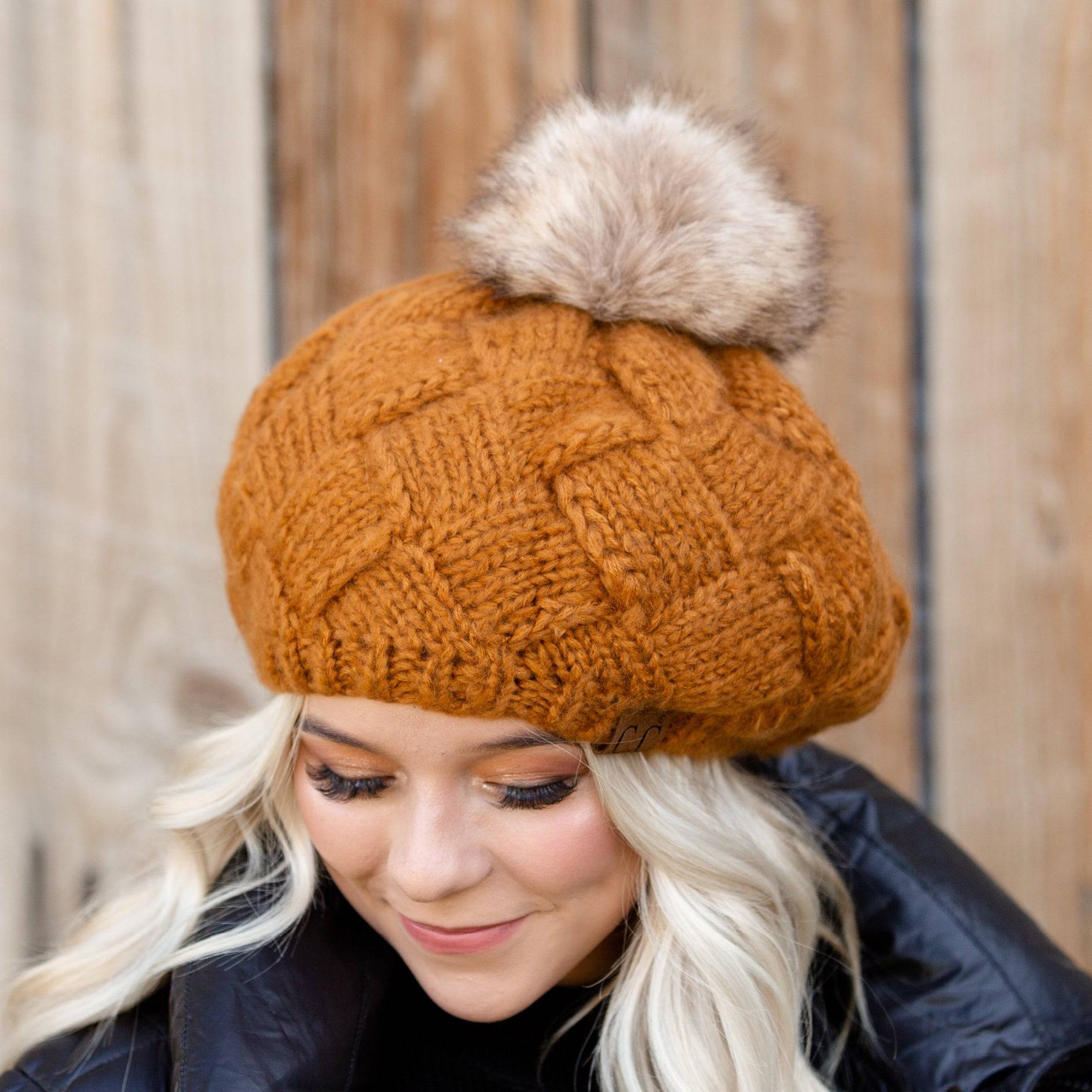 CC Leisure Beret Cadet Cap featuring a basket weave design and faux fur pom, perfect for stylish comfort.