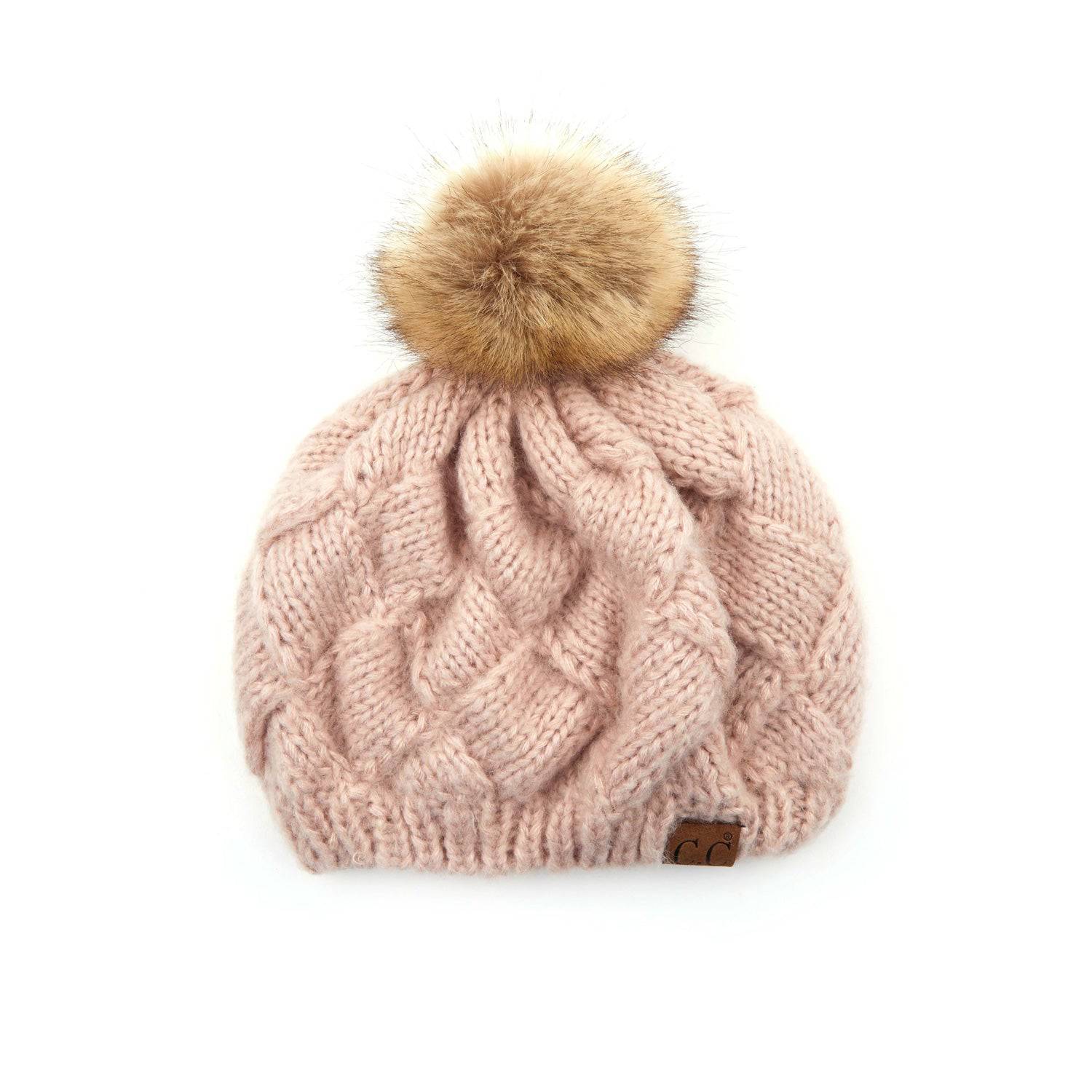 CC Leisure Beret Cadet Cap featuring a basket weave design and faux fur pom, perfect for stylish comfort.