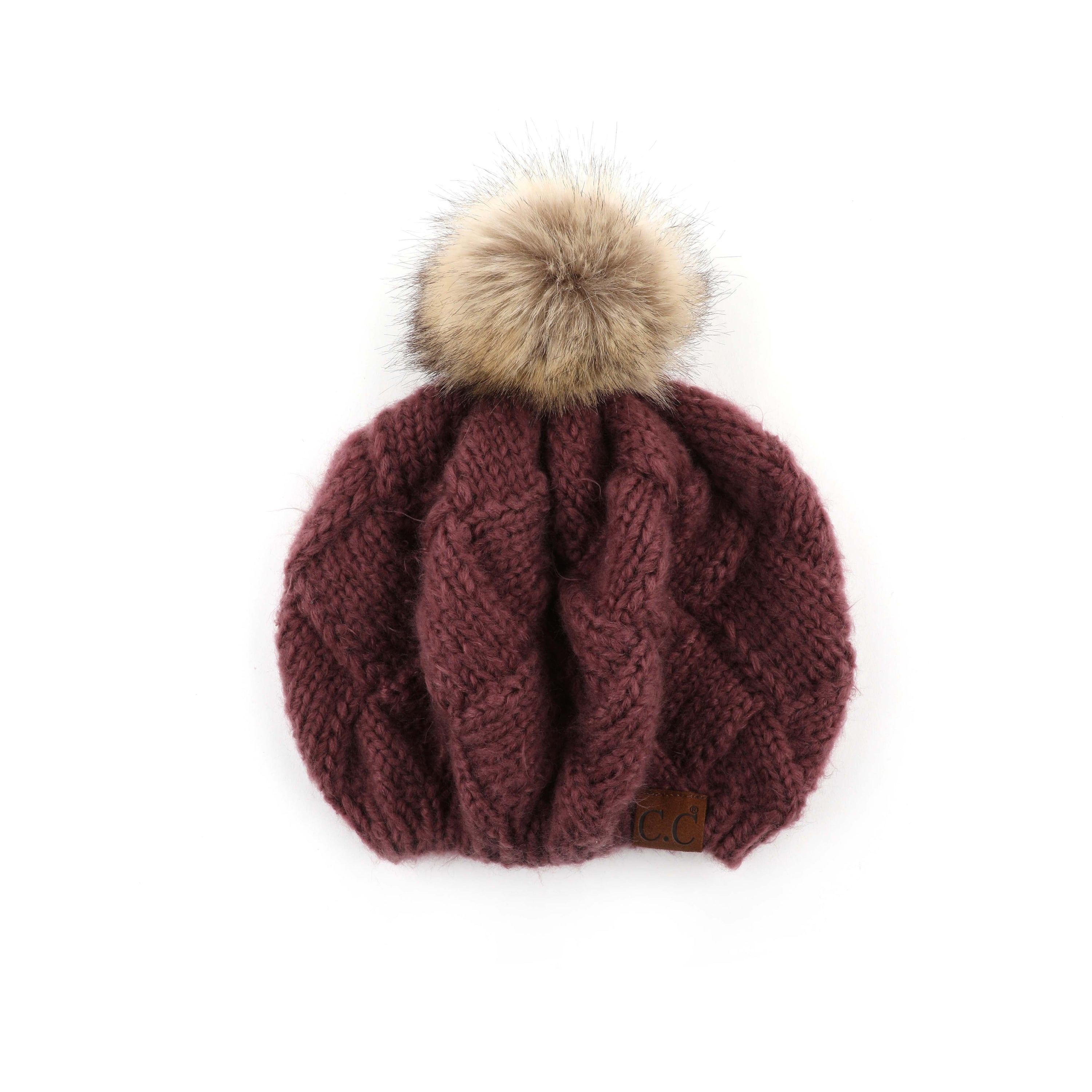 CC Leisure Beret Cadet Cap featuring a basket weave design and faux fur pom, perfect for stylish comfort.