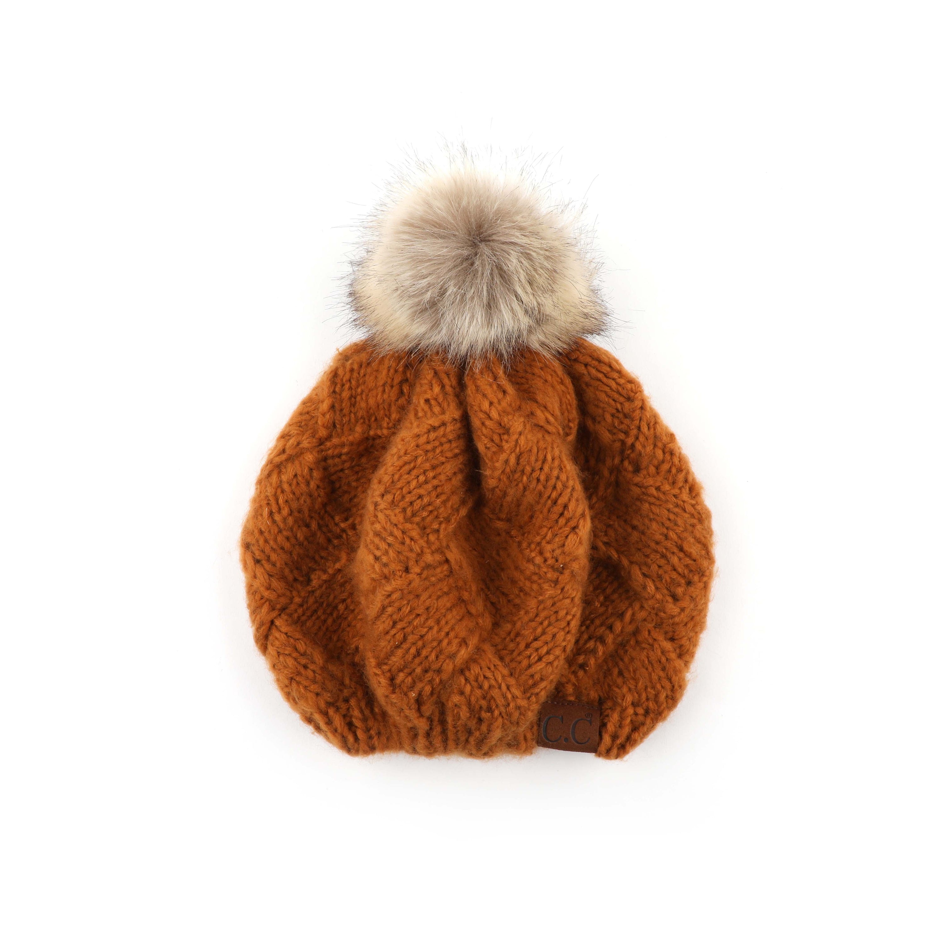 CC Leisure Beret Cadet Cap featuring a basket weave design and faux fur pom, perfect for stylish comfort.