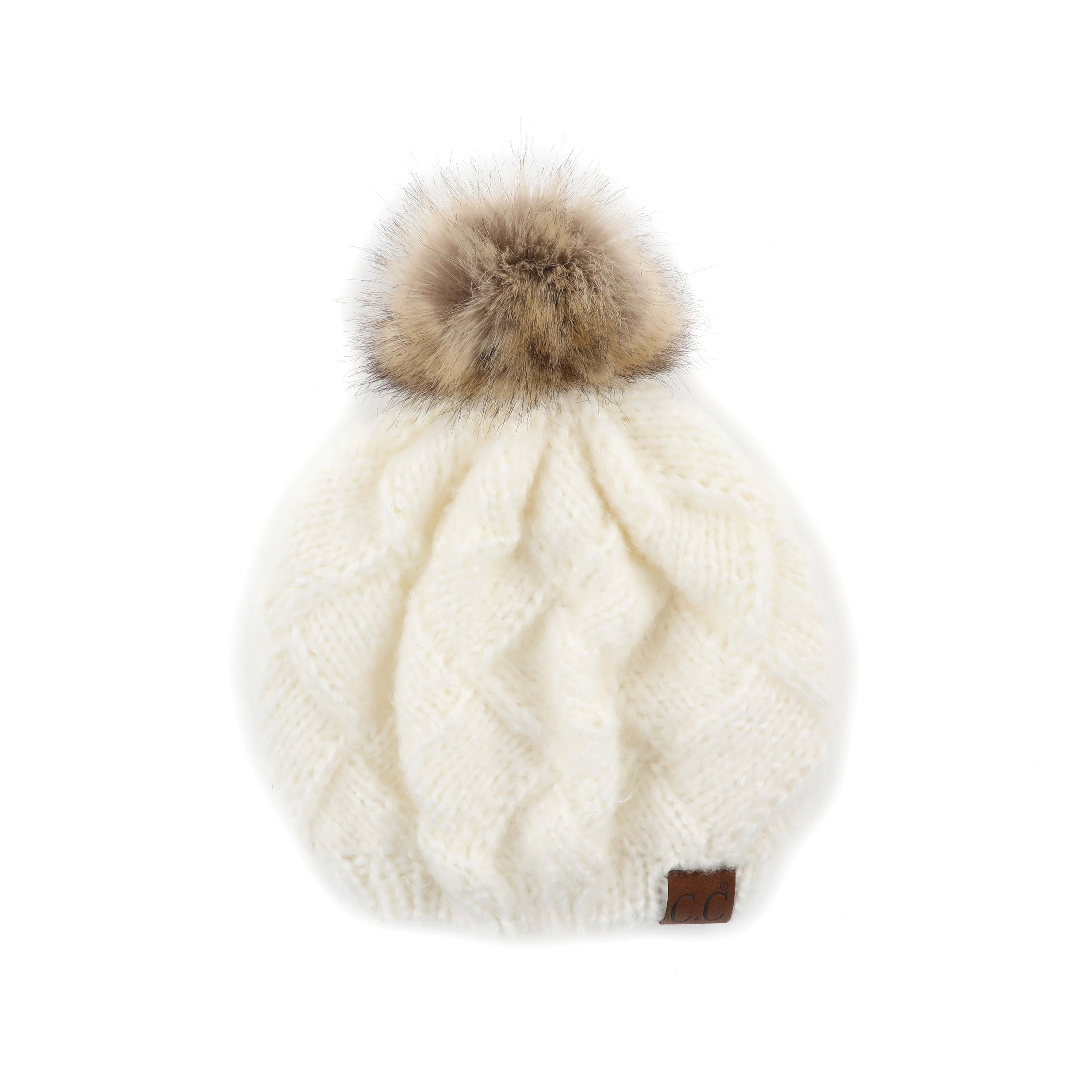 CC Leisure Beret Cadet Cap featuring a basket weave design and faux fur pom, perfect for stylish comfort.