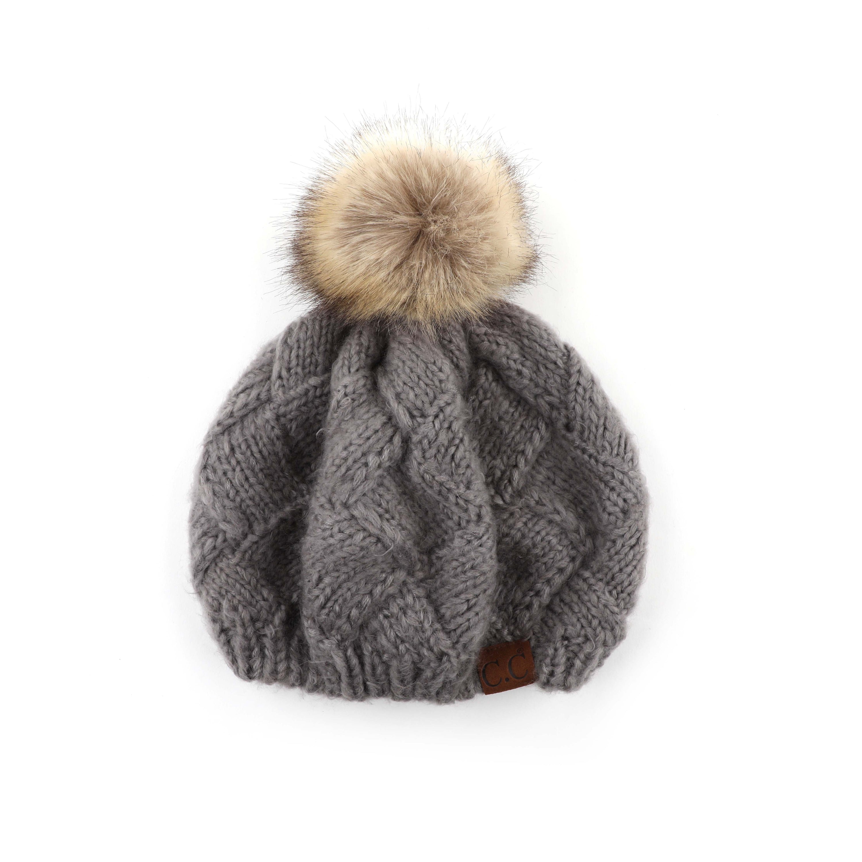 CC Leisure Beret Cadet Cap featuring a basket weave design and faux fur pom, perfect for stylish comfort.