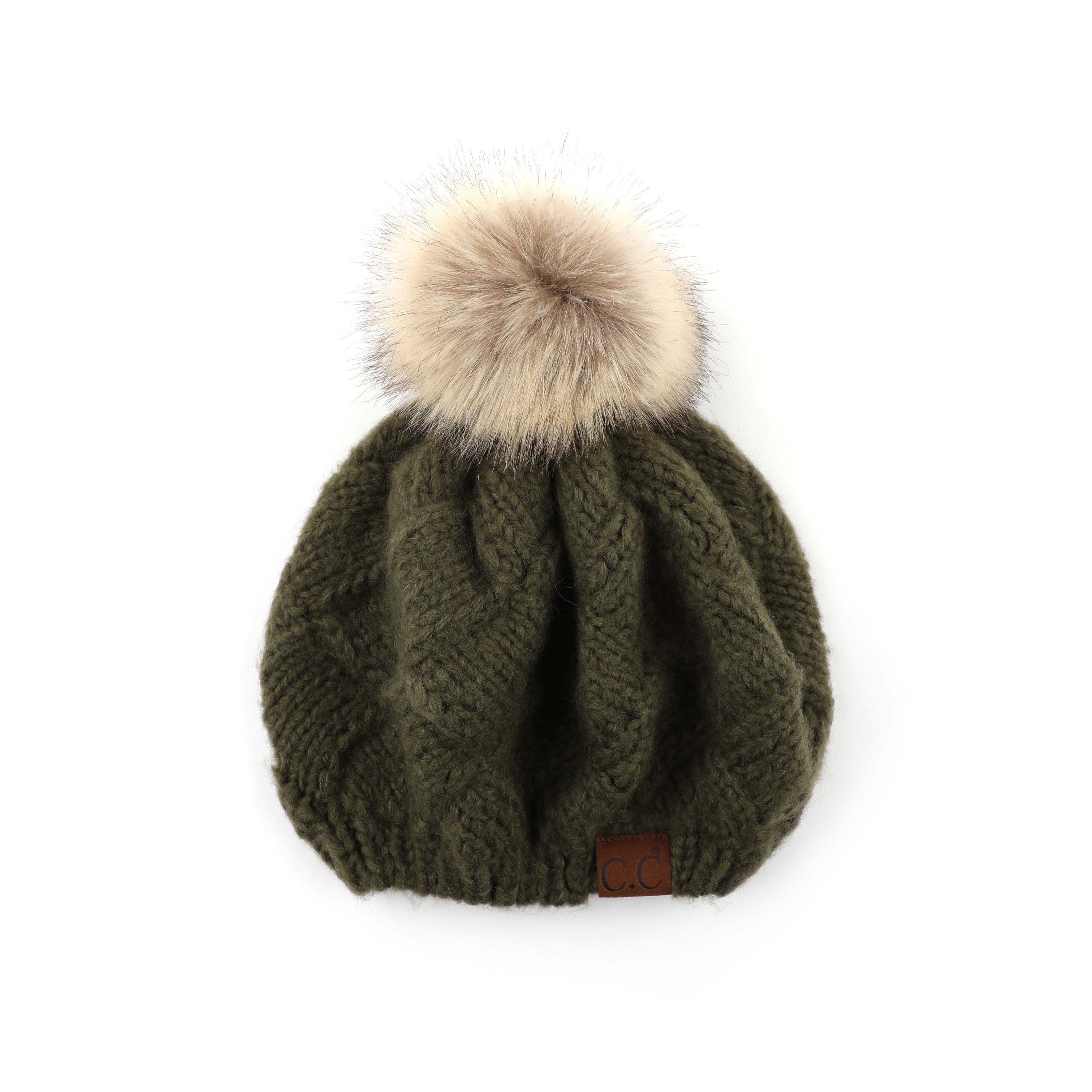 CC Leisure Beret Cadet Cap featuring a basket weave design and faux fur pom, perfect for stylish comfort.