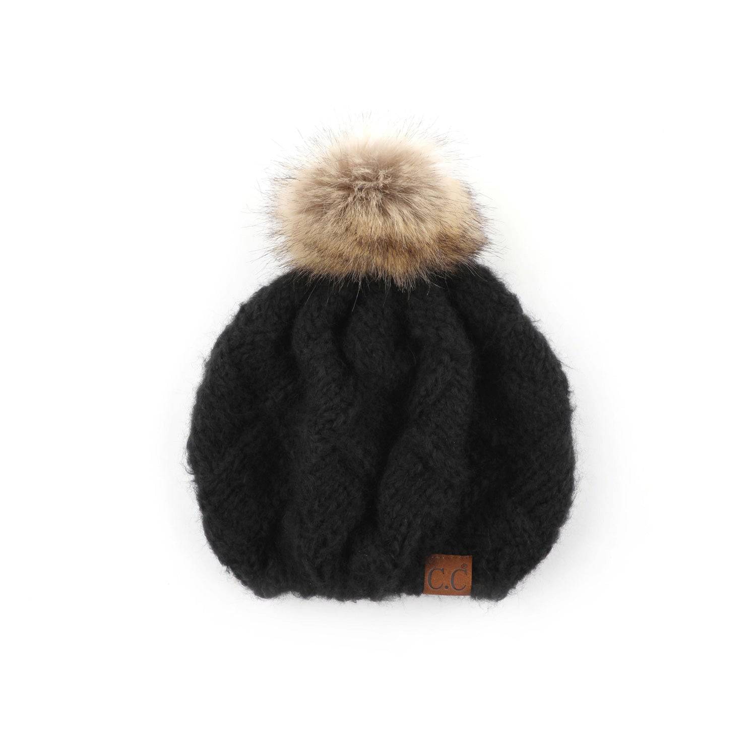 CC Leisure Beret Cadet Cap featuring a basket weave design and faux fur pom, perfect for stylish comfort.