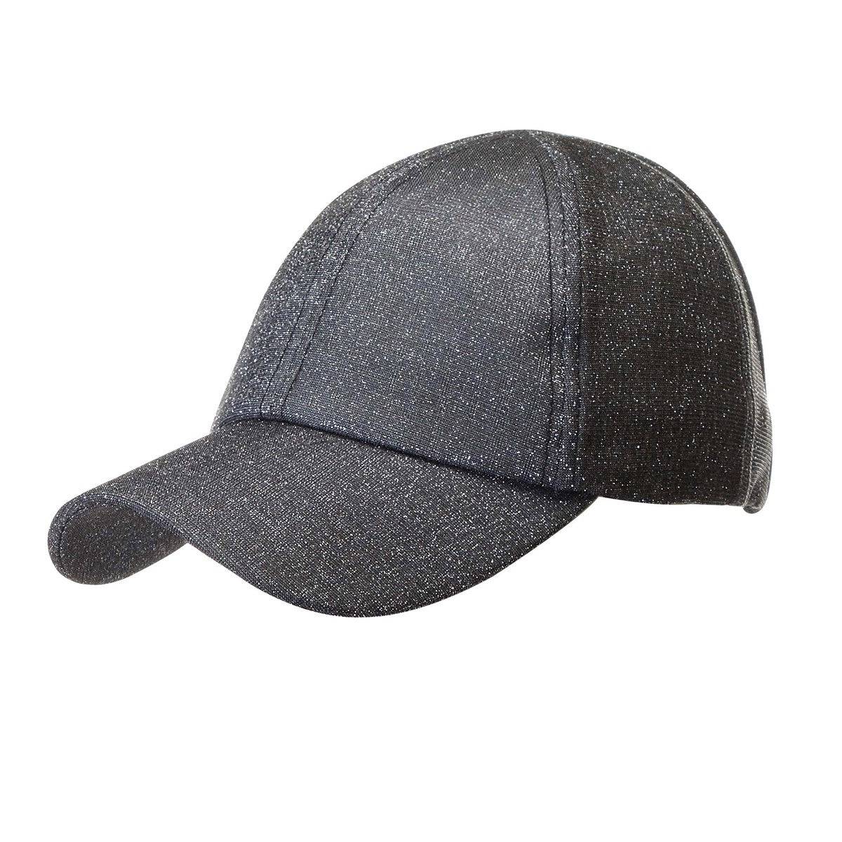 Stylish CC Metallic Women Hat with ponytail access, featuring a stretchy metallic design for comfort and style.