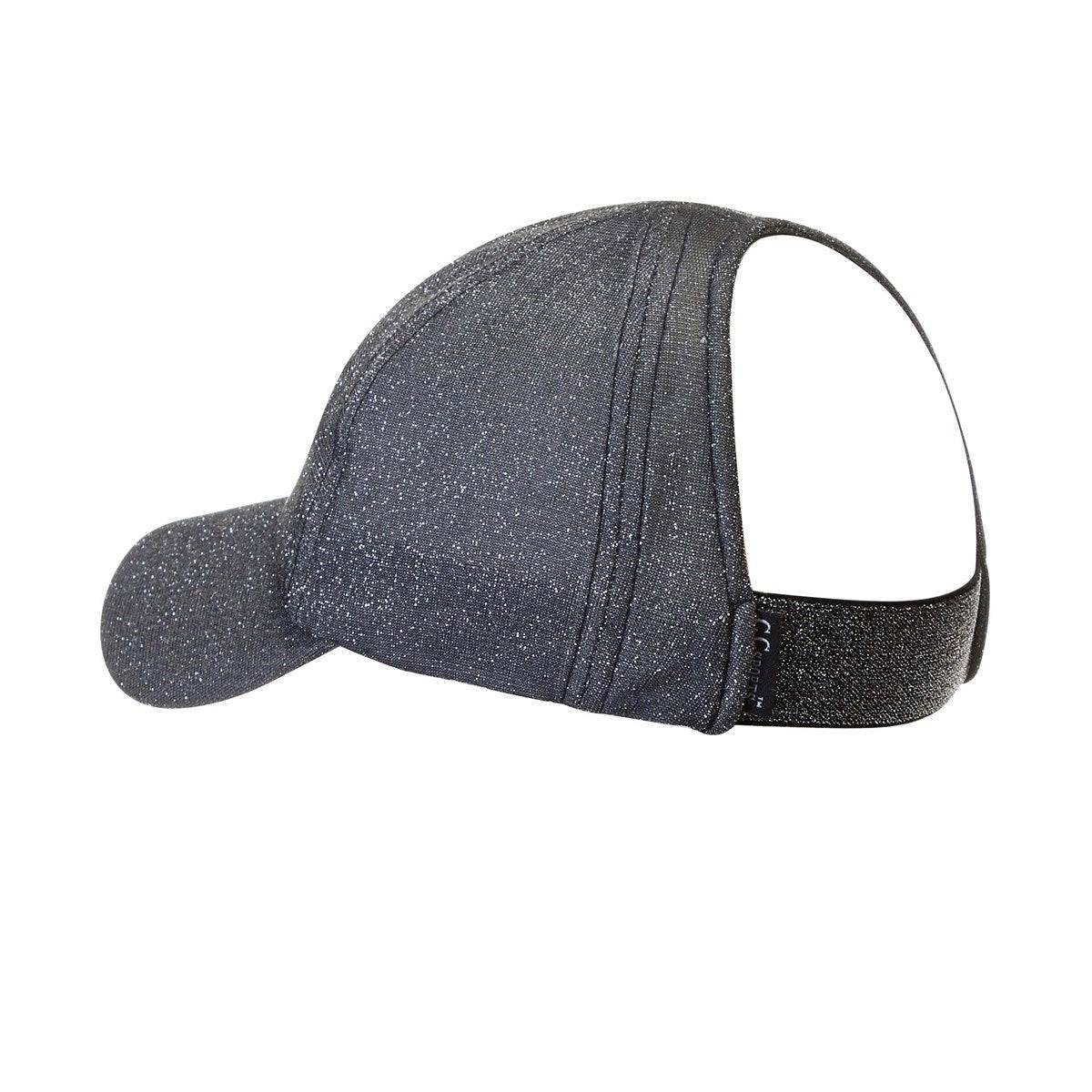 Stylish CC Metallic Women Hat with ponytail access, featuring a stretchy metallic design for comfort and style.