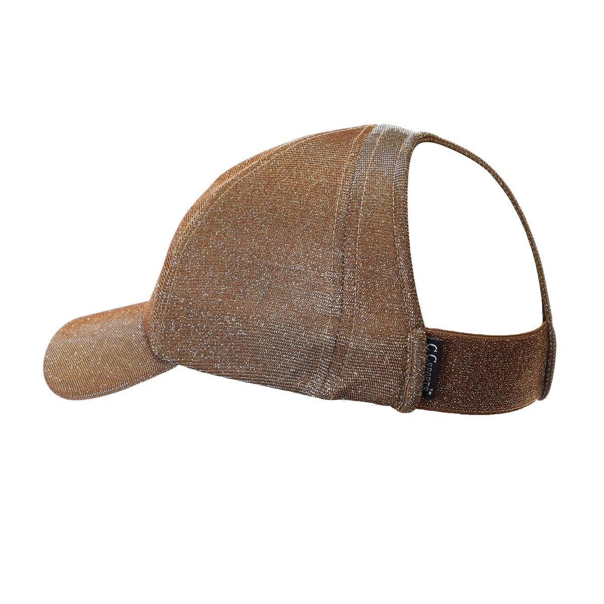 Stylish CC Metallic Women Hat with ponytail access, featuring a stretchy metallic design for comfort and style.