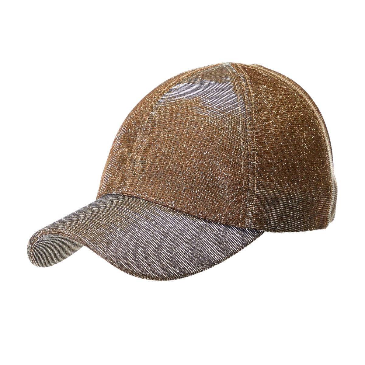 Stylish CC Metallic Women Hat with ponytail access, featuring a stretchy metallic design for comfort and style.