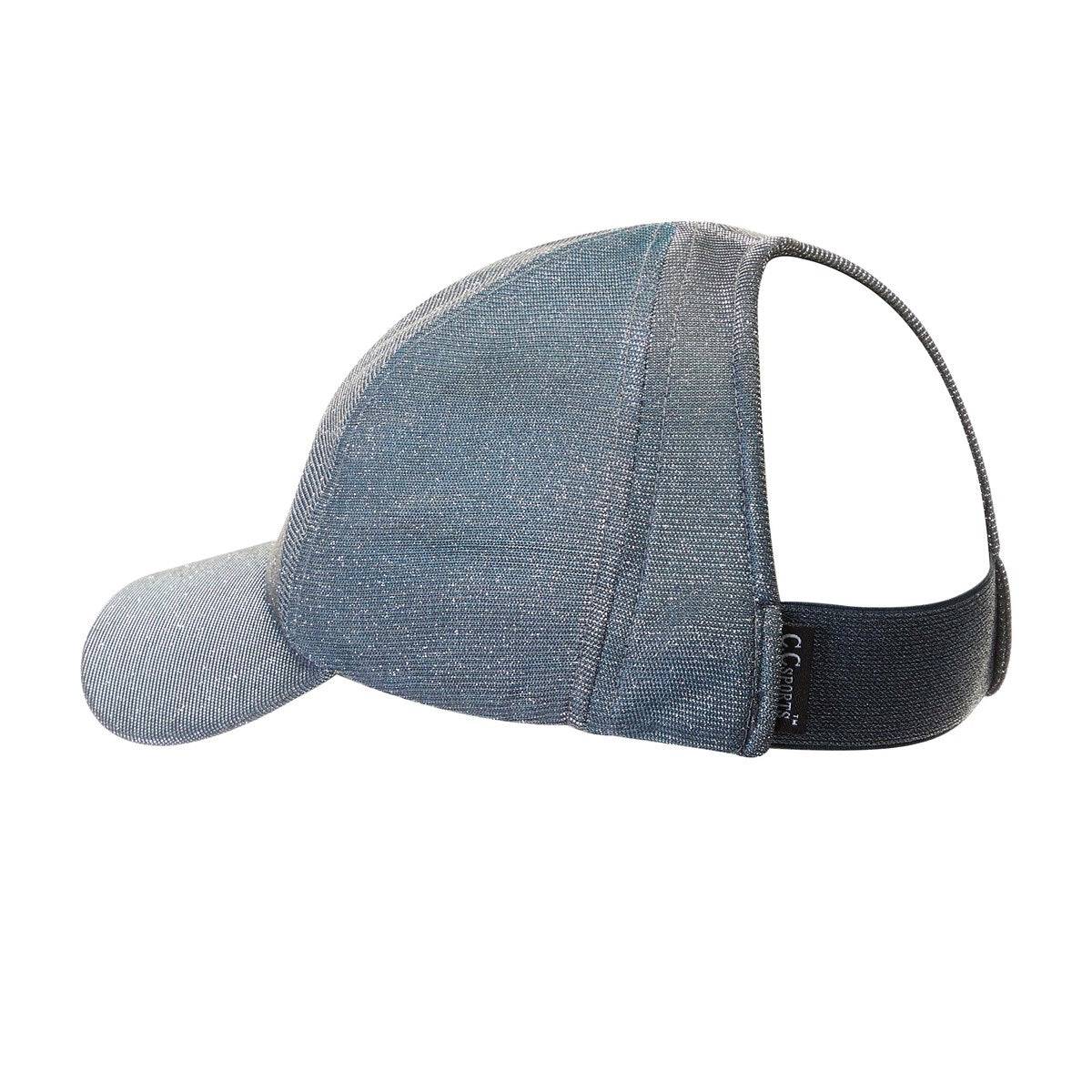 Stylish CC Metallic Women Hat with ponytail access, featuring a stretchy metallic design for comfort and style.