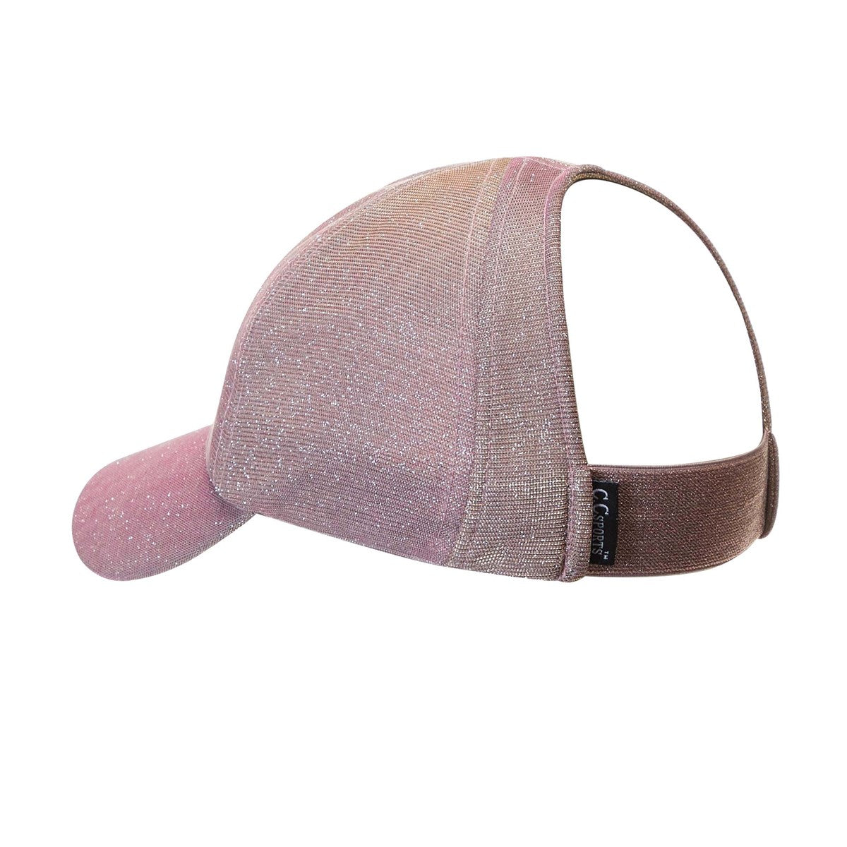 Stylish CC Metallic Women Hat with ponytail access, featuring a stretchy metallic design for comfort and style.