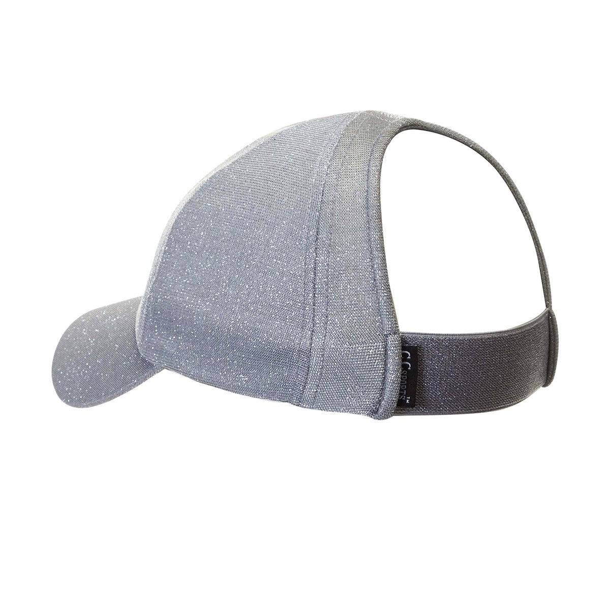 Stylish CC Metallic Women Hat with ponytail access, featuring a stretchy metallic design for comfort and style.