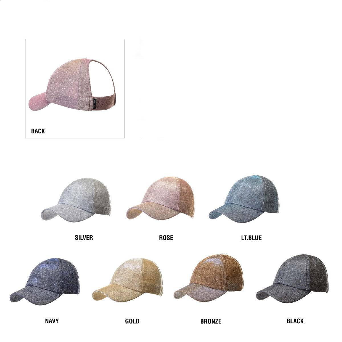 Stylish CC Metallic Women Hat with ponytail access, featuring a stretchy metallic design for comfort and style.