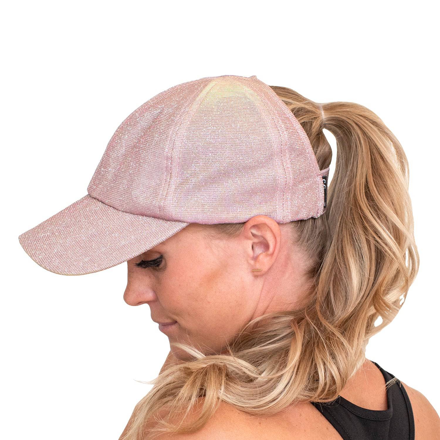 Stylish CC Metallic Women Hat with ponytail access, featuring a stretchy metallic design for comfort and style.