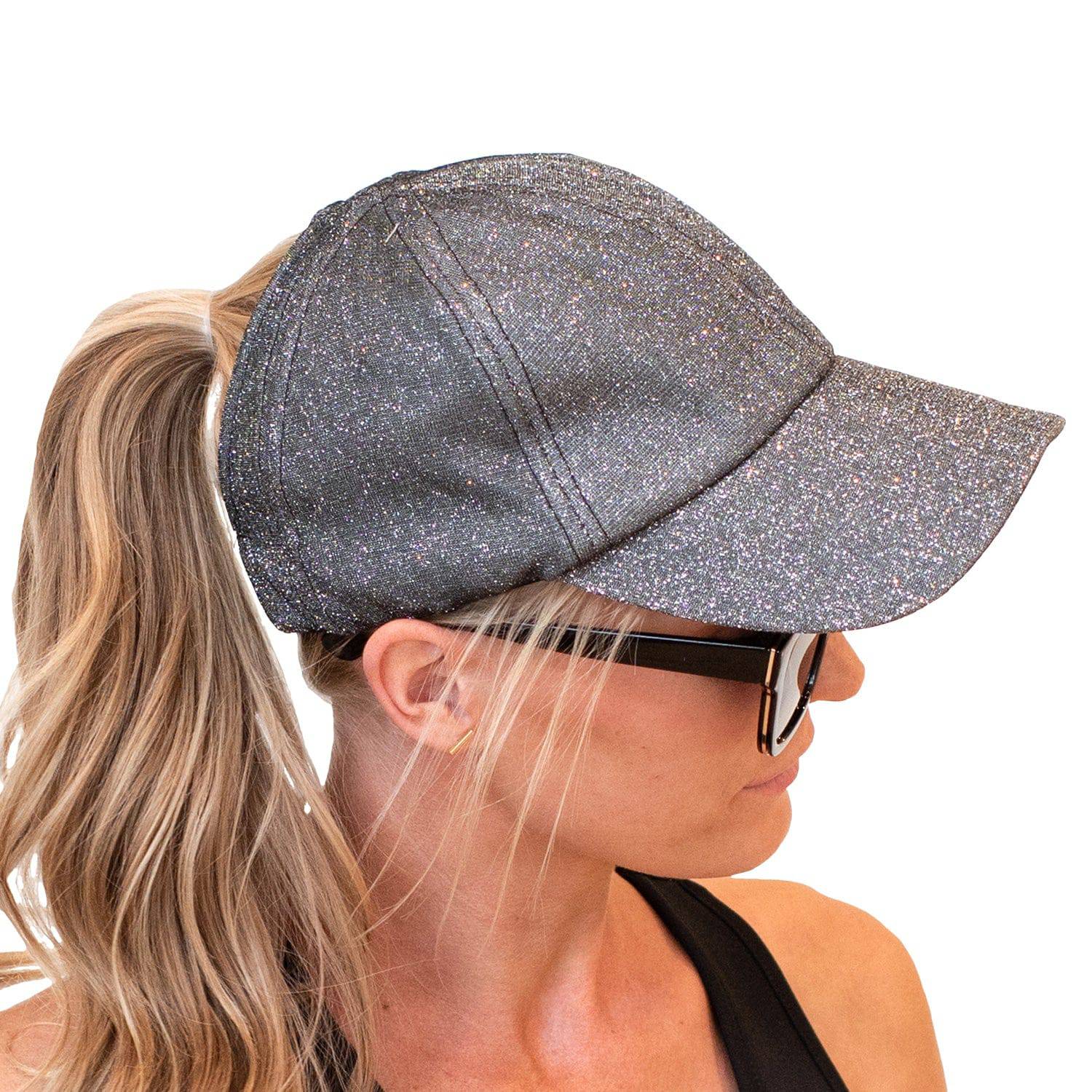 Stylish CC Metallic Women Hat with ponytail access, featuring a stretchy metallic design for comfort and style.