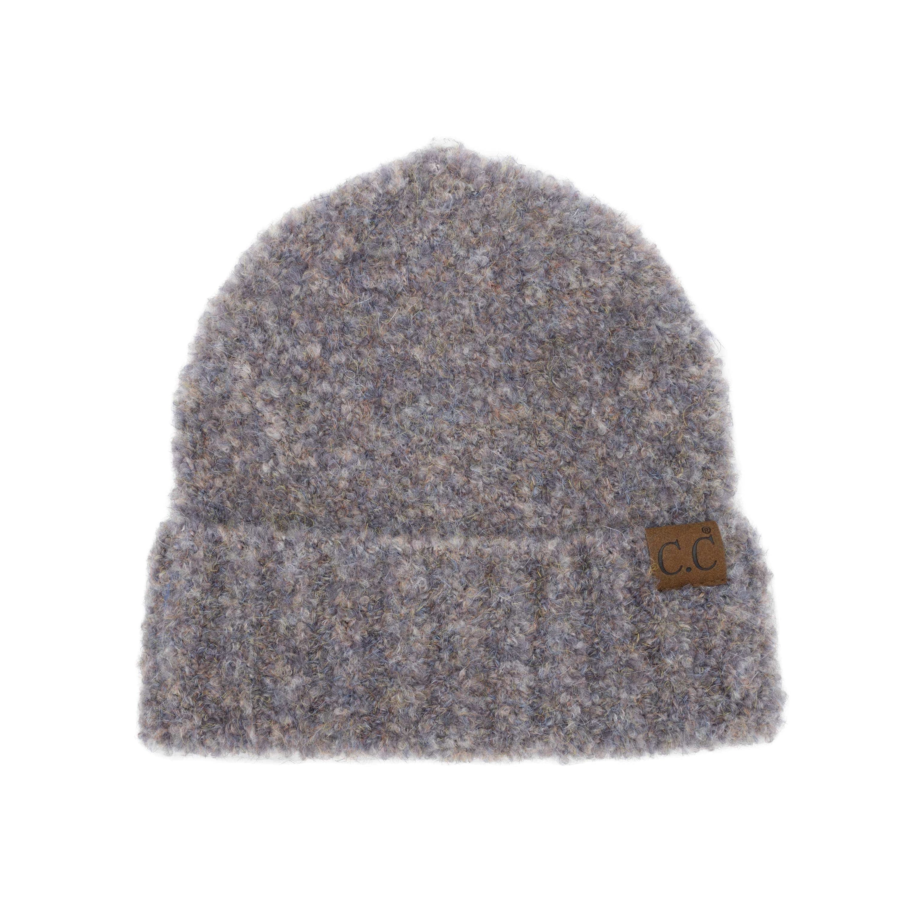 CC Mixed Boucle Cuff Beanie showcasing its soft, looped texture and neutral colors, perfect for winter wear.