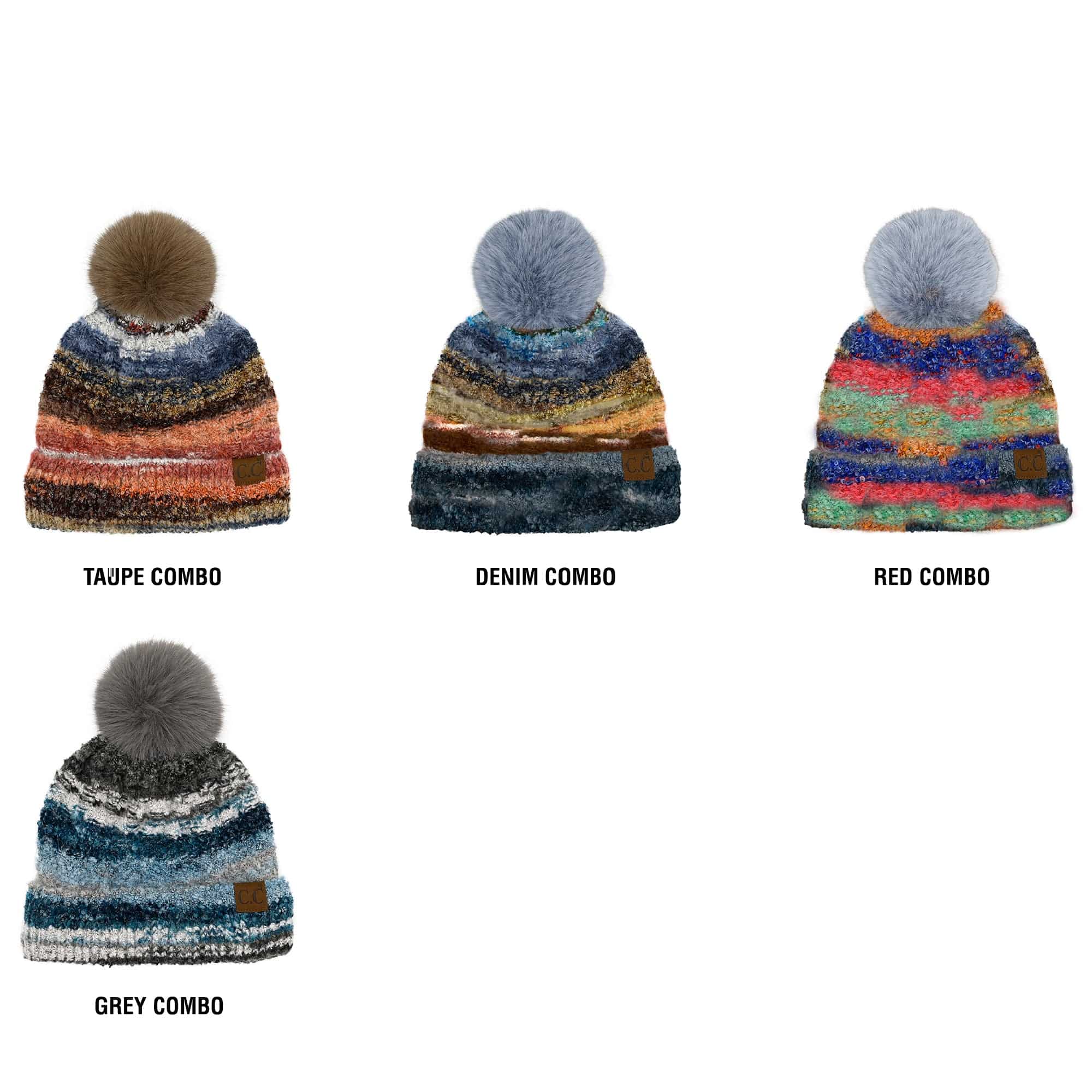 CC Multi Color Space Dye Pom Beanie featuring a vibrant multi-color design and a fluffy faux fur pom on top, suitable for teens and adults.