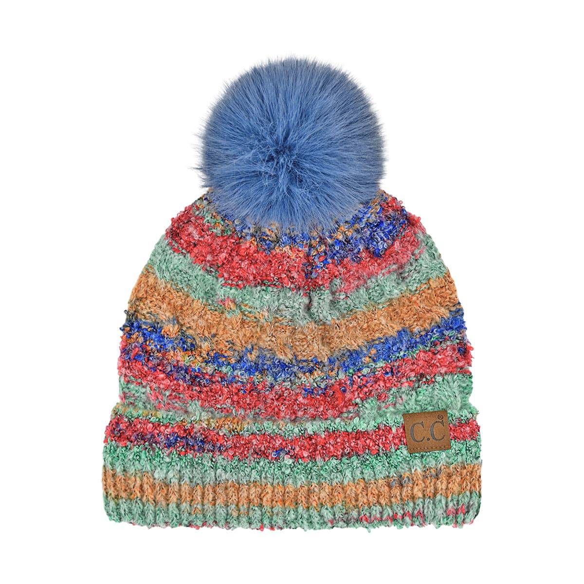 CC Multi Color Space Dye Pom Beanie featuring a vibrant multi-color design and a fluffy faux fur pom on top, suitable for teens and adults.