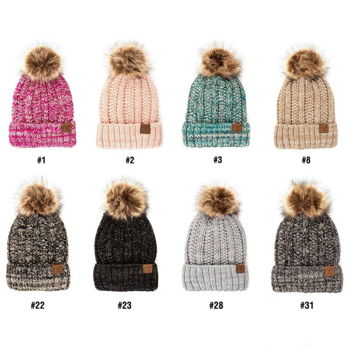 C.C Multi-Color Faux Fur Pom Beanie with vibrant crochet pattern and faux fur pom, perfect for winter wear.