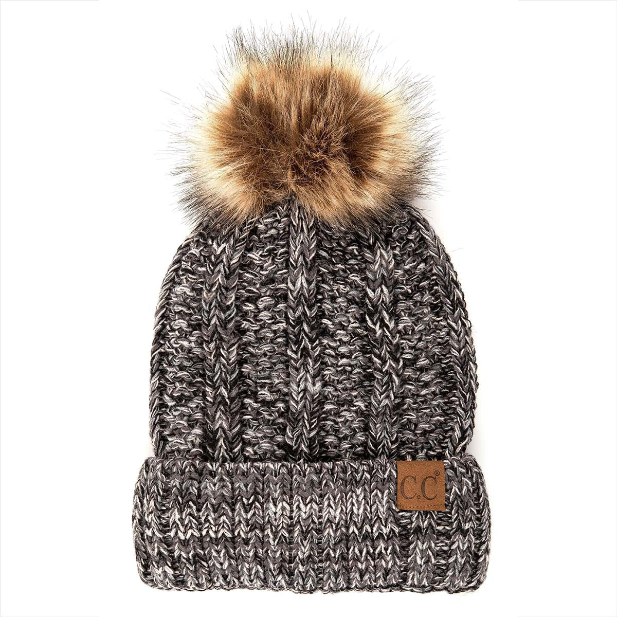 C.C Multi-Color Faux Fur Pom Beanie with vibrant crochet pattern and faux fur pom, perfect for winter wear.