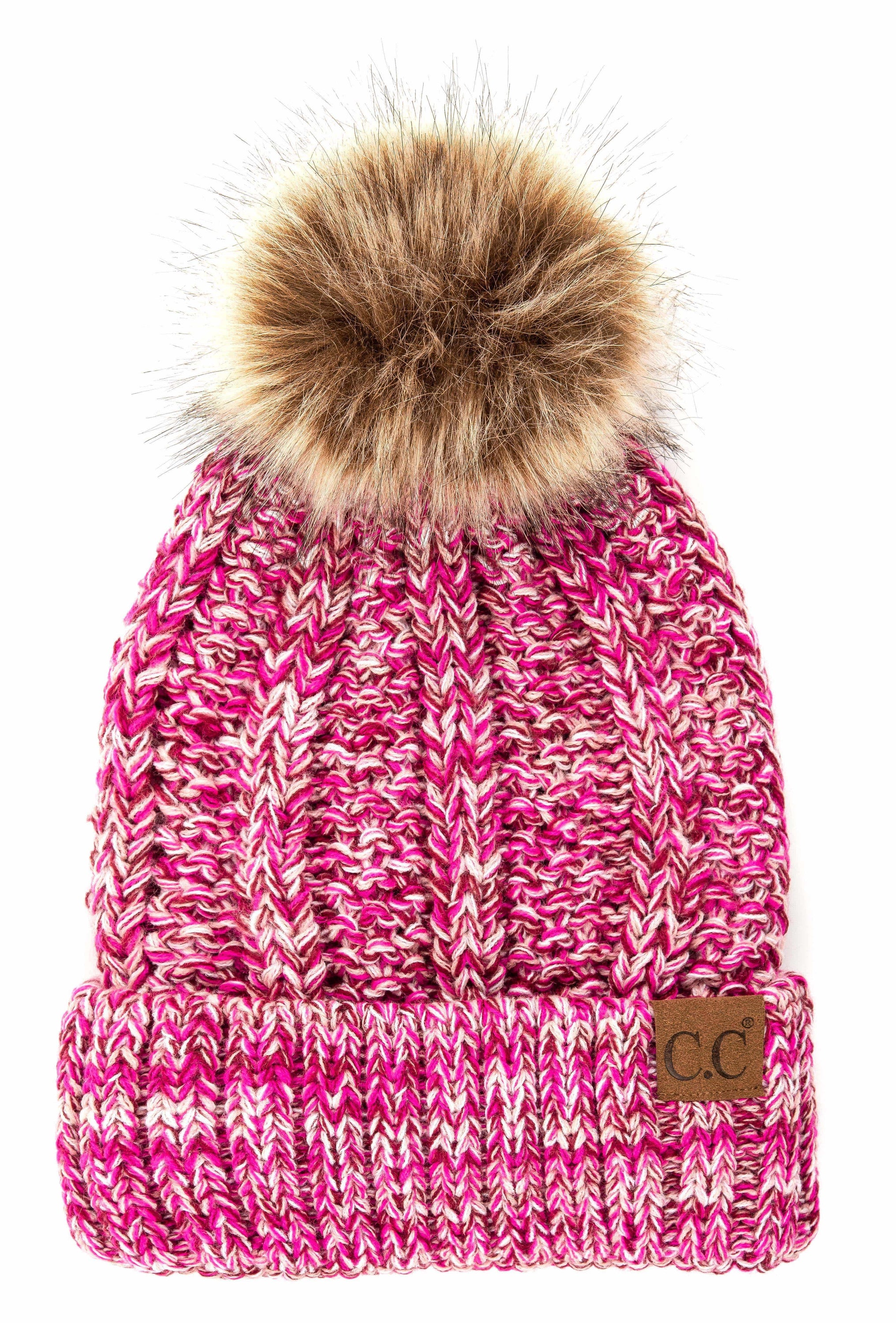 C.C Multi-Color Faux Fur Pom Beanie with vibrant crochet pattern and faux fur pom, perfect for winter wear.