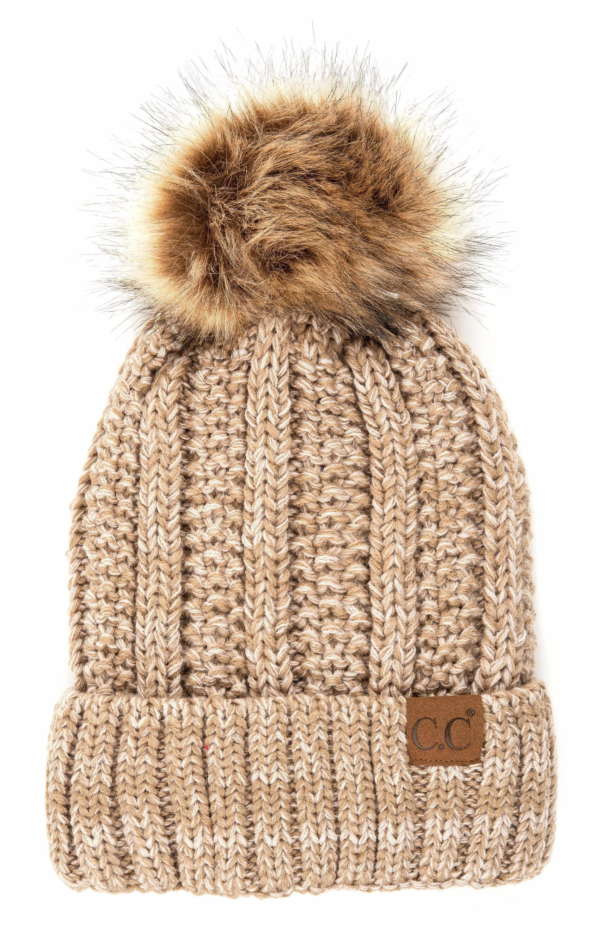 C.C Multi-Color Faux Fur Pom Beanie with vibrant crochet pattern and faux fur pom, perfect for winter wear.