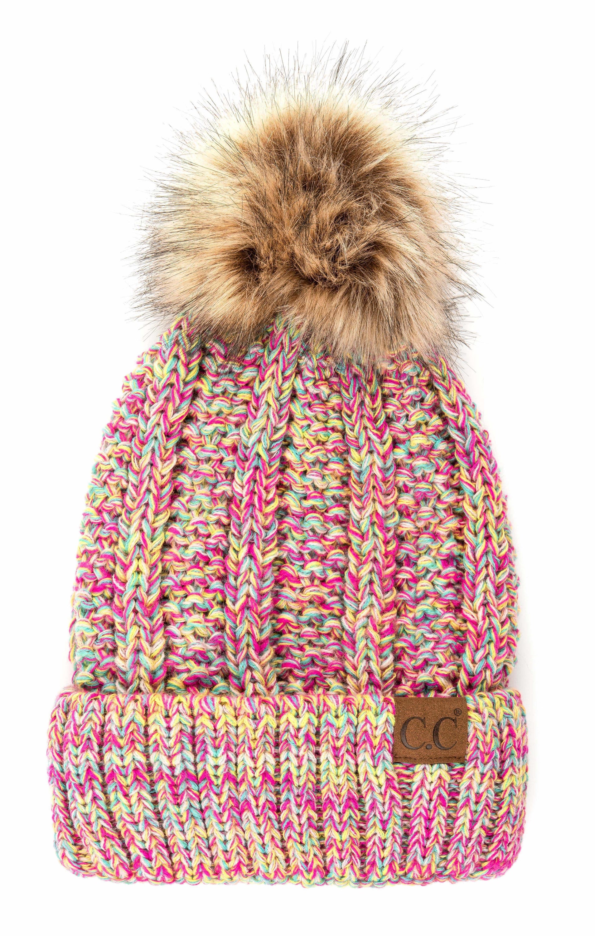 C.C Multi-Color Faux Fur Pom Beanie with vibrant crochet pattern and faux fur pom, perfect for winter wear.