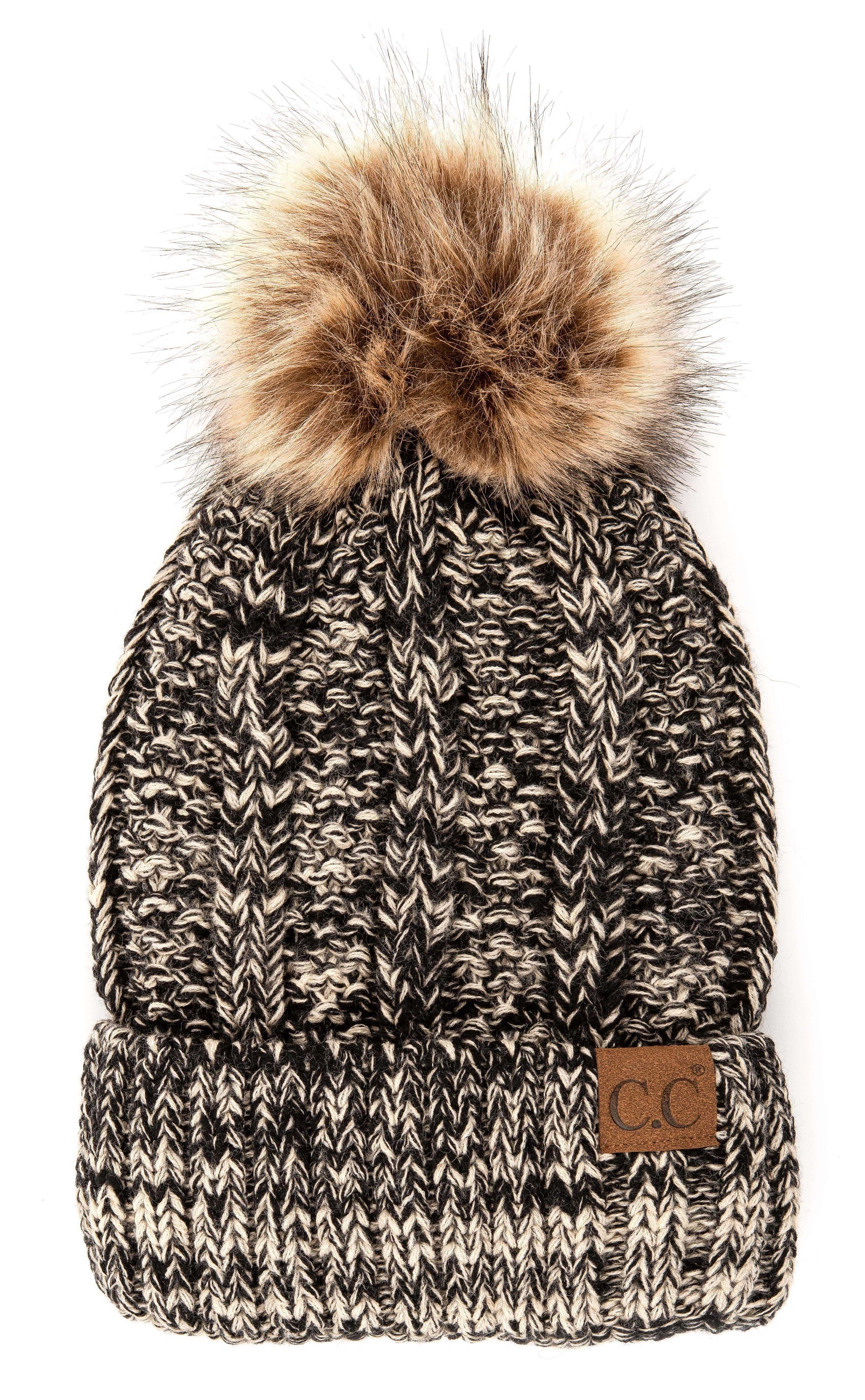 C.C Multi-Color Faux Fur Pom Beanie with vibrant crochet pattern and faux fur pom, perfect for winter wear.