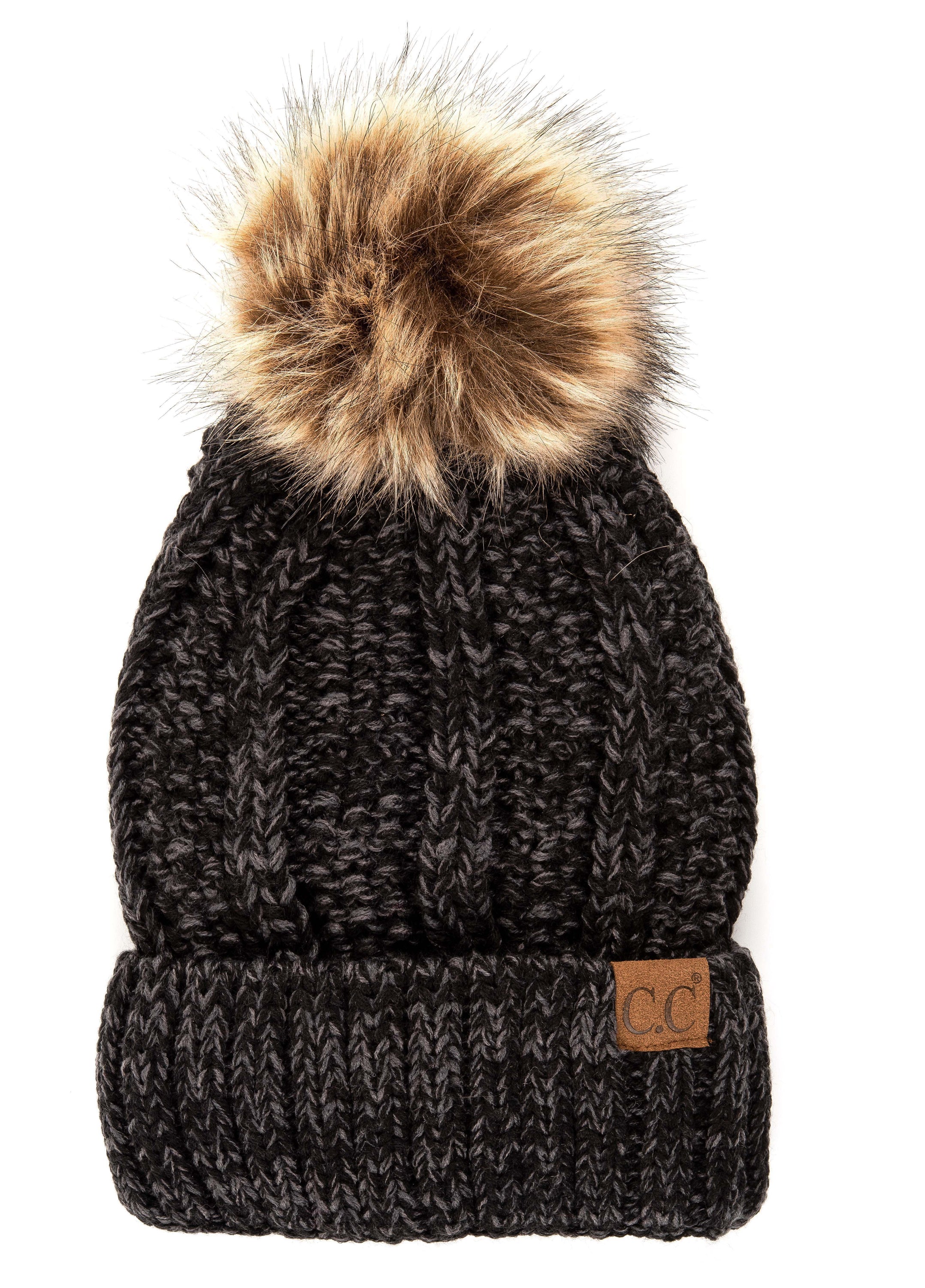 C.C Multi-Color Faux Fur Pom Beanie with vibrant crochet pattern and faux fur pom, perfect for winter wear.