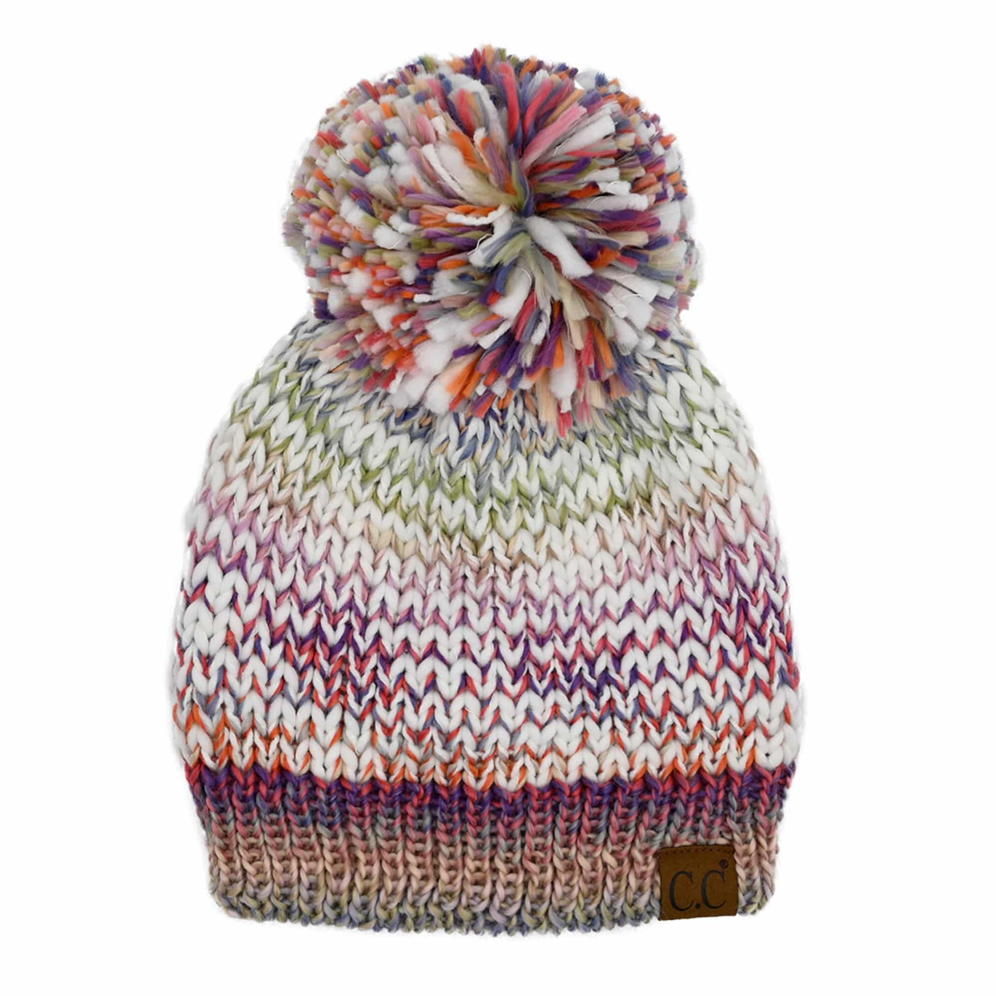 CC Multi-Color Yarn Beanie with Pom, featuring vibrant colors and a soft lining, perfect for winter wear.