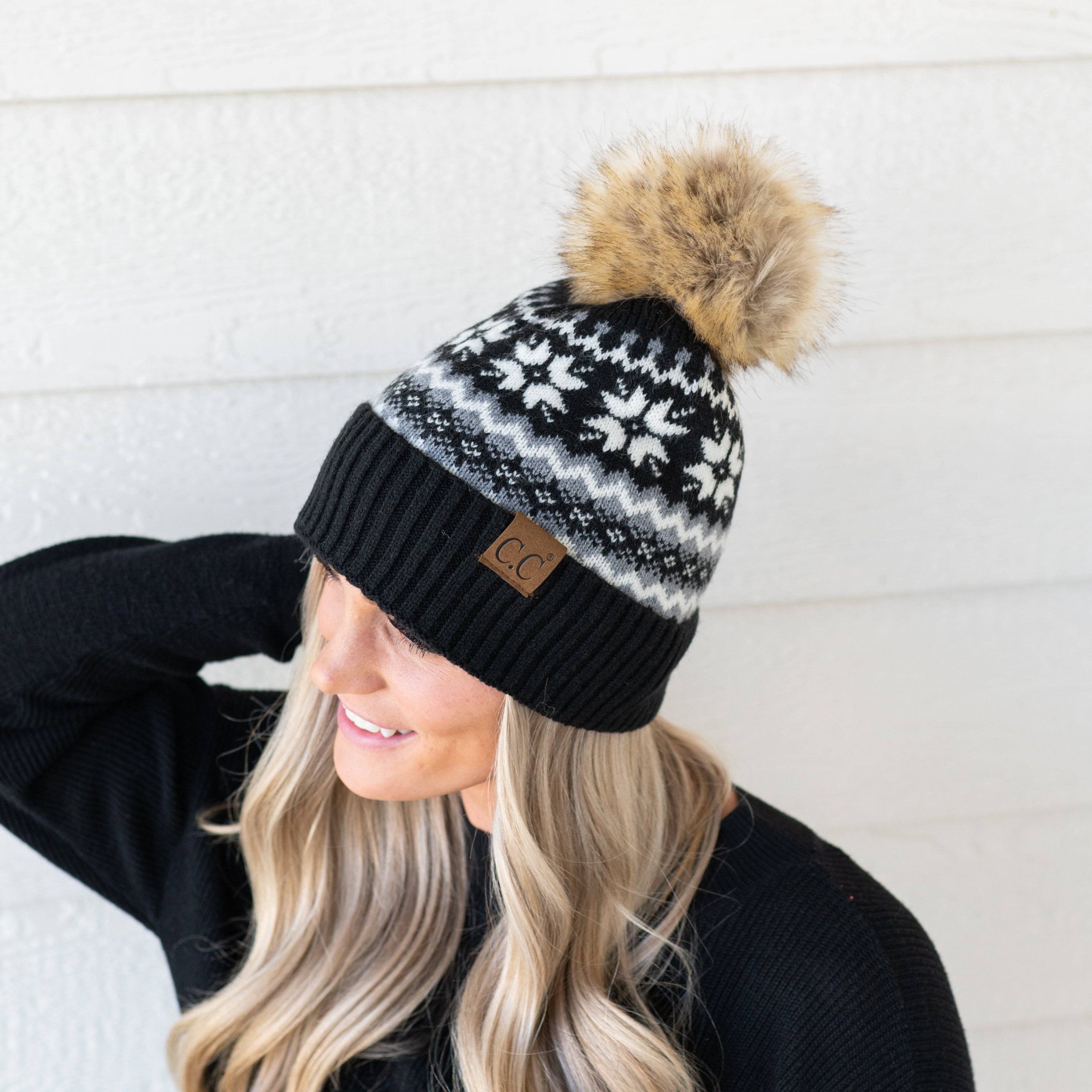 CC Nordic Fair Isle Beanie with faux fur pom, featuring a festive Fair Isle print, perfect for winter wear.