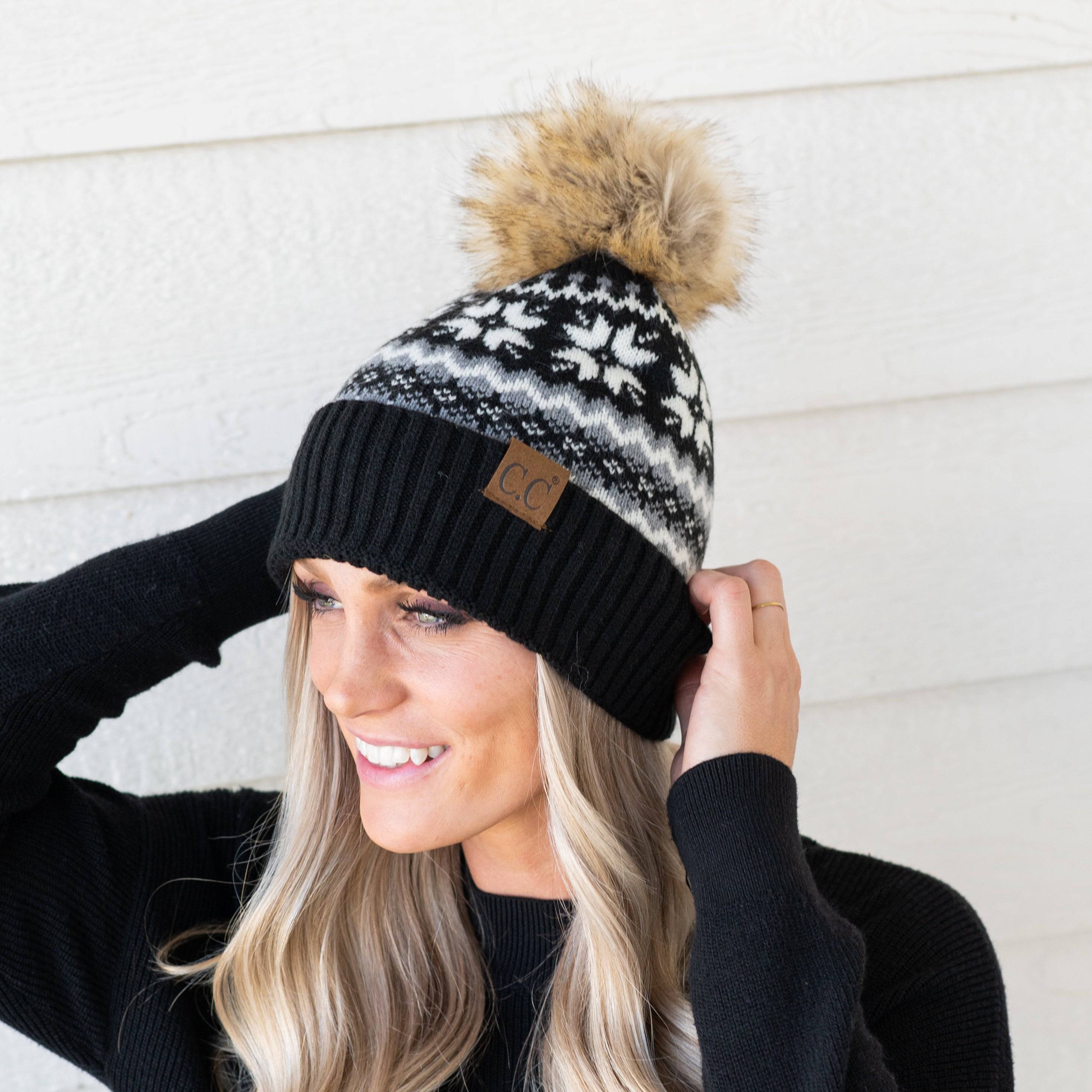 CC Nordic Fair Isle Beanie with faux fur pom, featuring a festive Fair Isle print, perfect for winter wear.