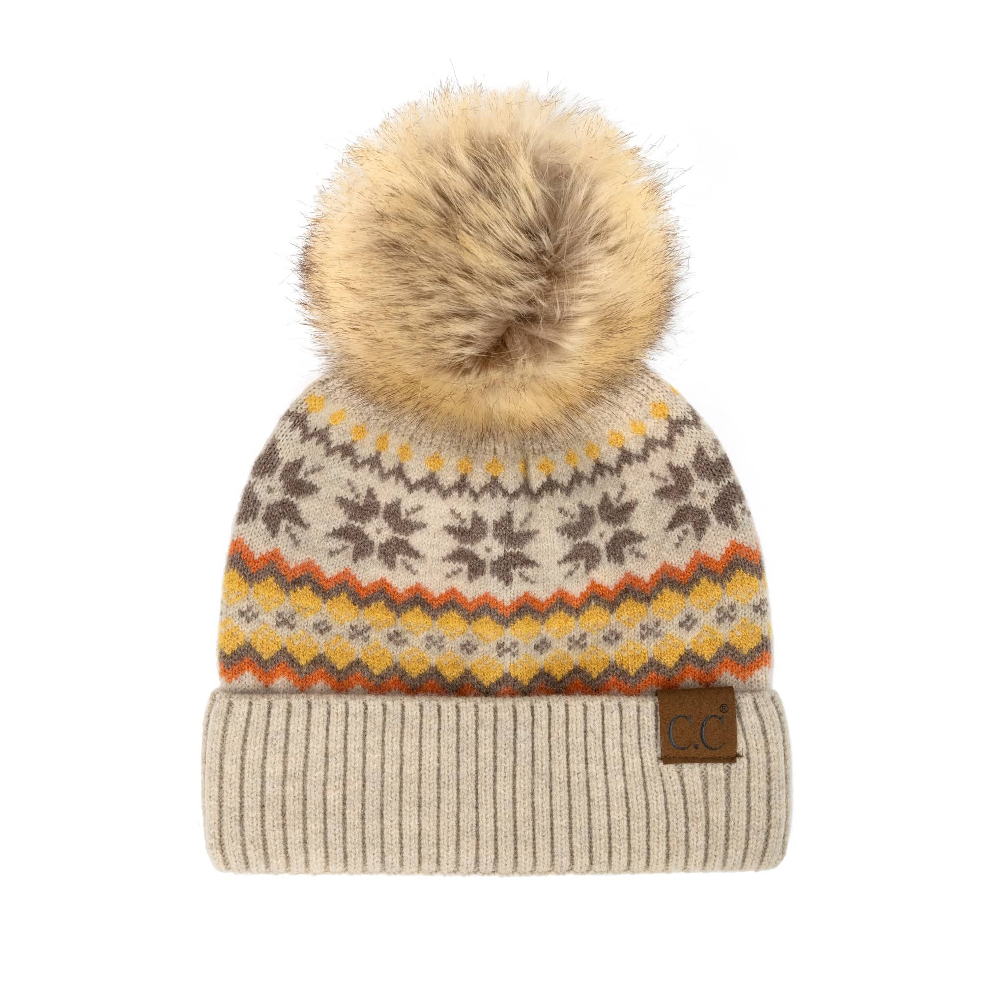 CC Nordic Fair Isle Beanie with faux fur pom, featuring a festive Fair Isle print, perfect for winter wear.