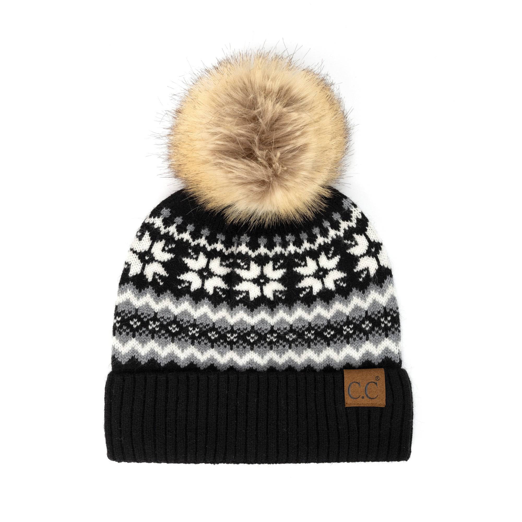 CC Nordic Fair Isle Beanie with faux fur pom, featuring a festive Fair Isle print, perfect for winter wear.