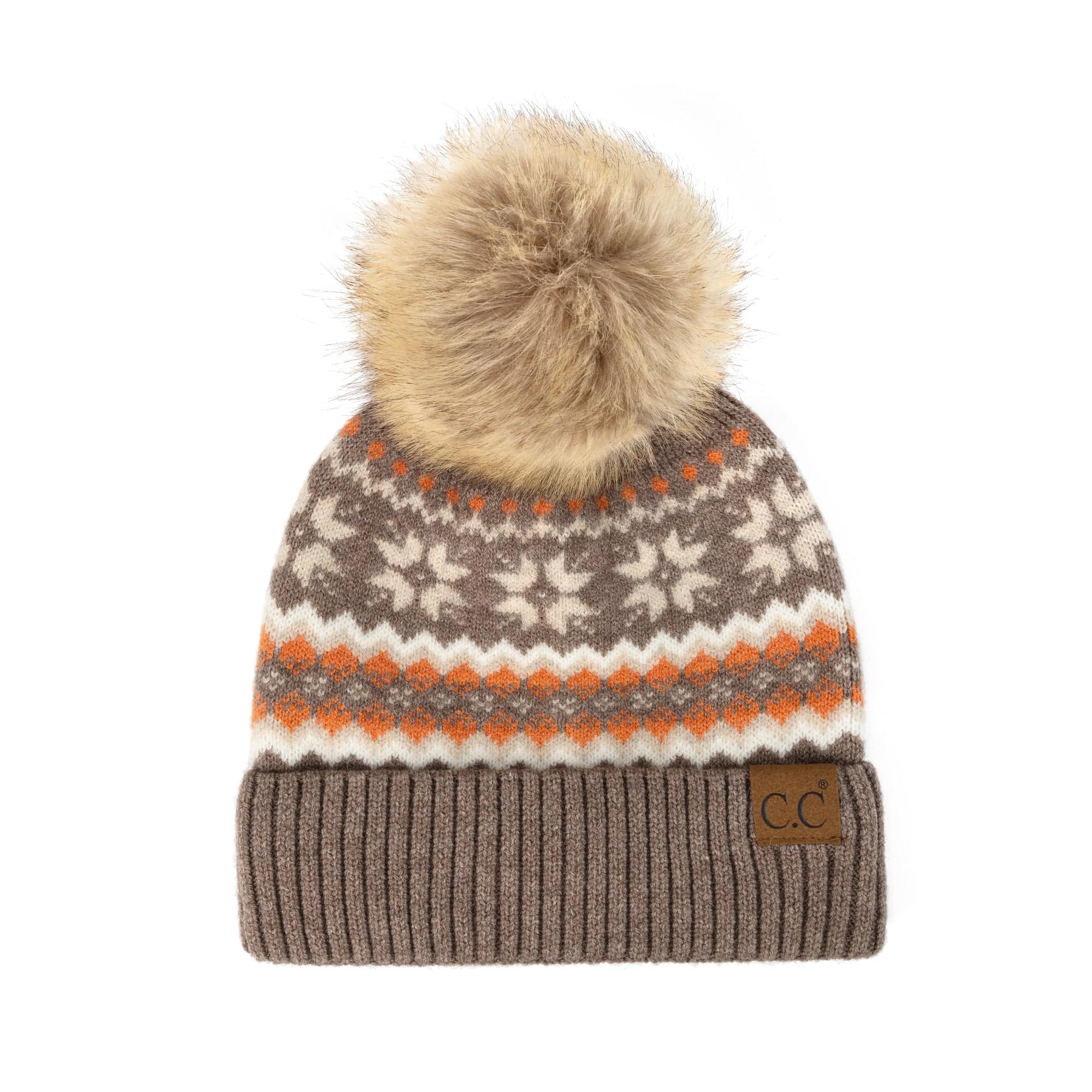 CC Nordic Fair Isle Beanie with faux fur pom, featuring a festive Fair Isle print, perfect for winter wear.