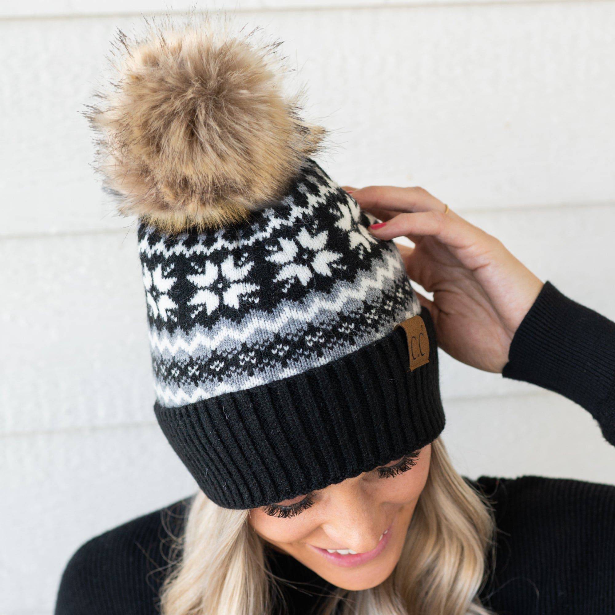 CC Nordic Fair Isle Beanie with faux fur pom, featuring a festive Fair Isle print, perfect for winter wear.