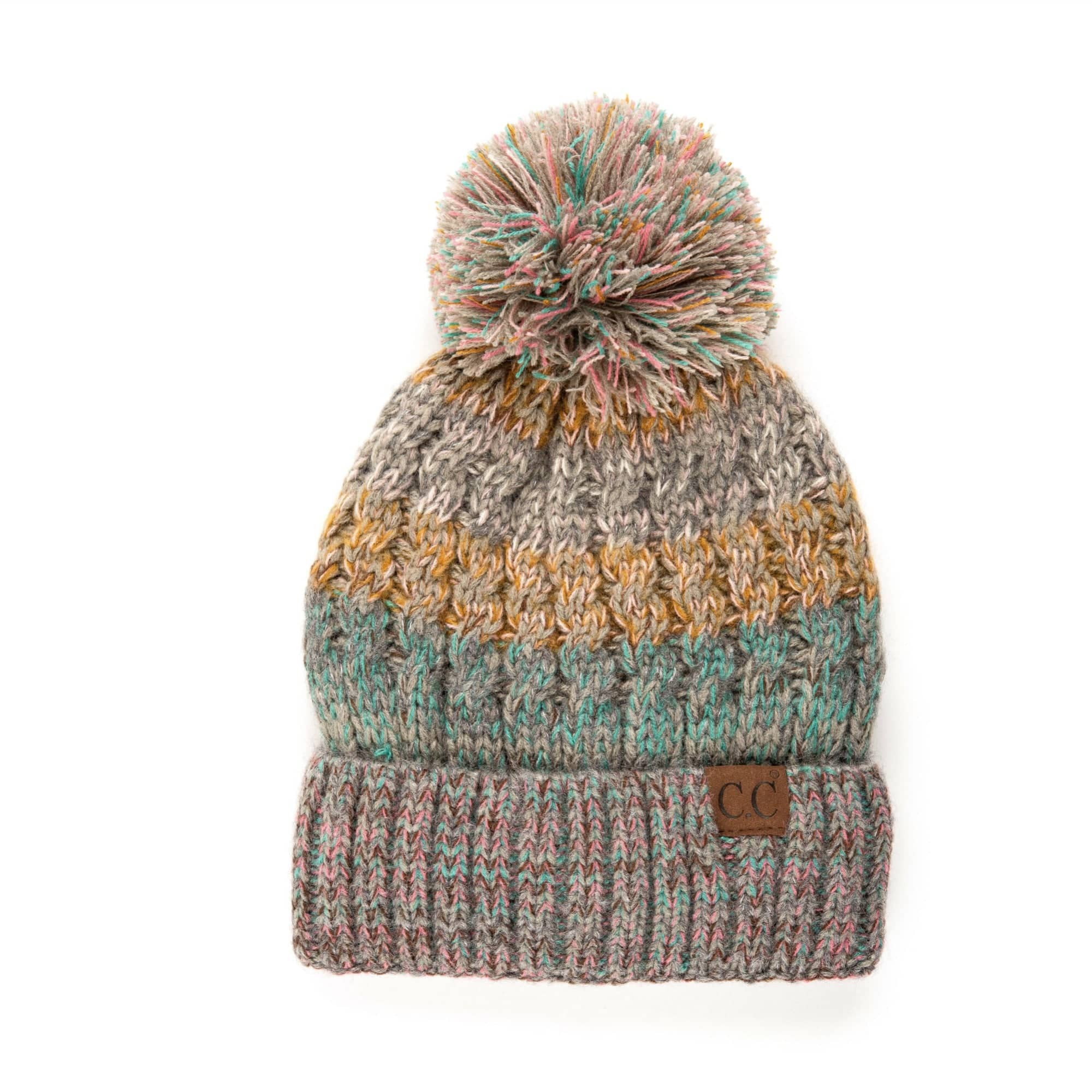 CC Park City Trending Beanie featuring Yarn Pom and multi-color stitching, fleece lined for warmth and comfort.