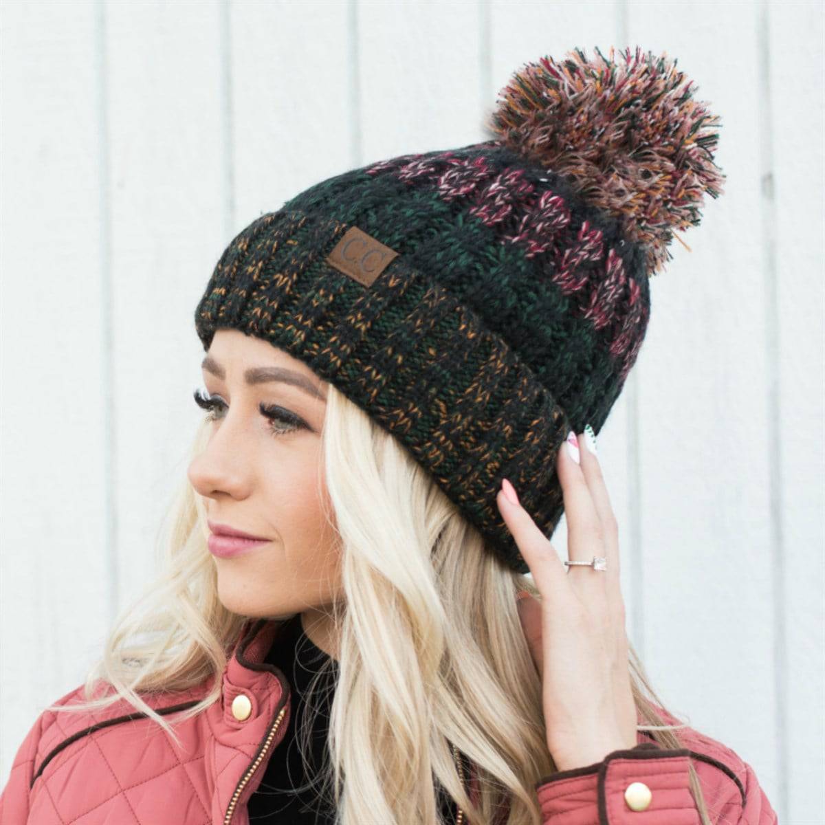 CC Park City Trending Beanie featuring Yarn Pom and multi-color stitching, fleece lined for warmth and comfort.