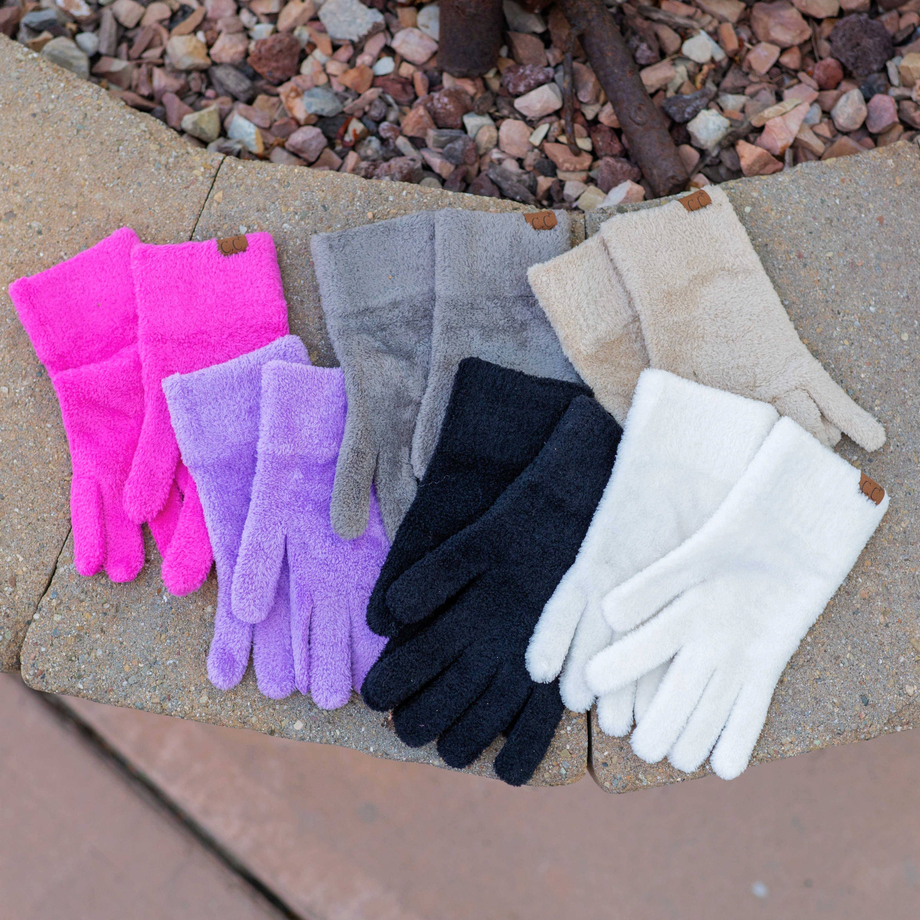 A pair of CC Plush Chenille Gloves in soft, cozy chenille material, showcasing their Tech Touch compatibility and stylish design.