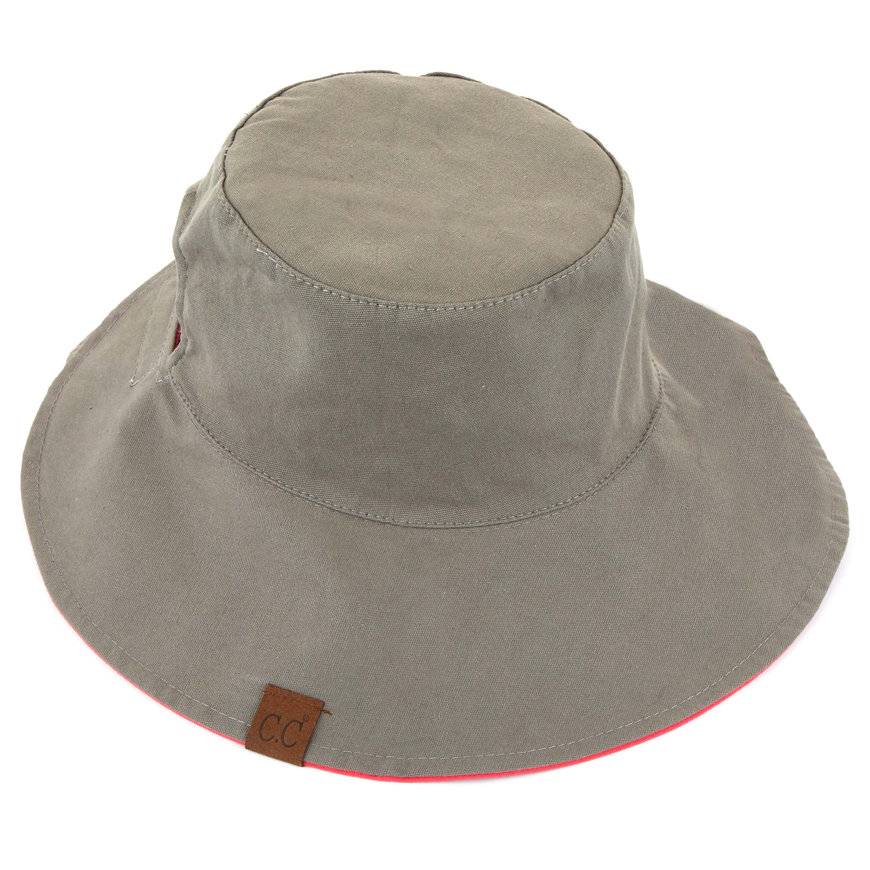 CC Reversible Ponytail Bucket Hat in two colors, featuring a ponytail opening and adjustable closure, perfect for sun protection.