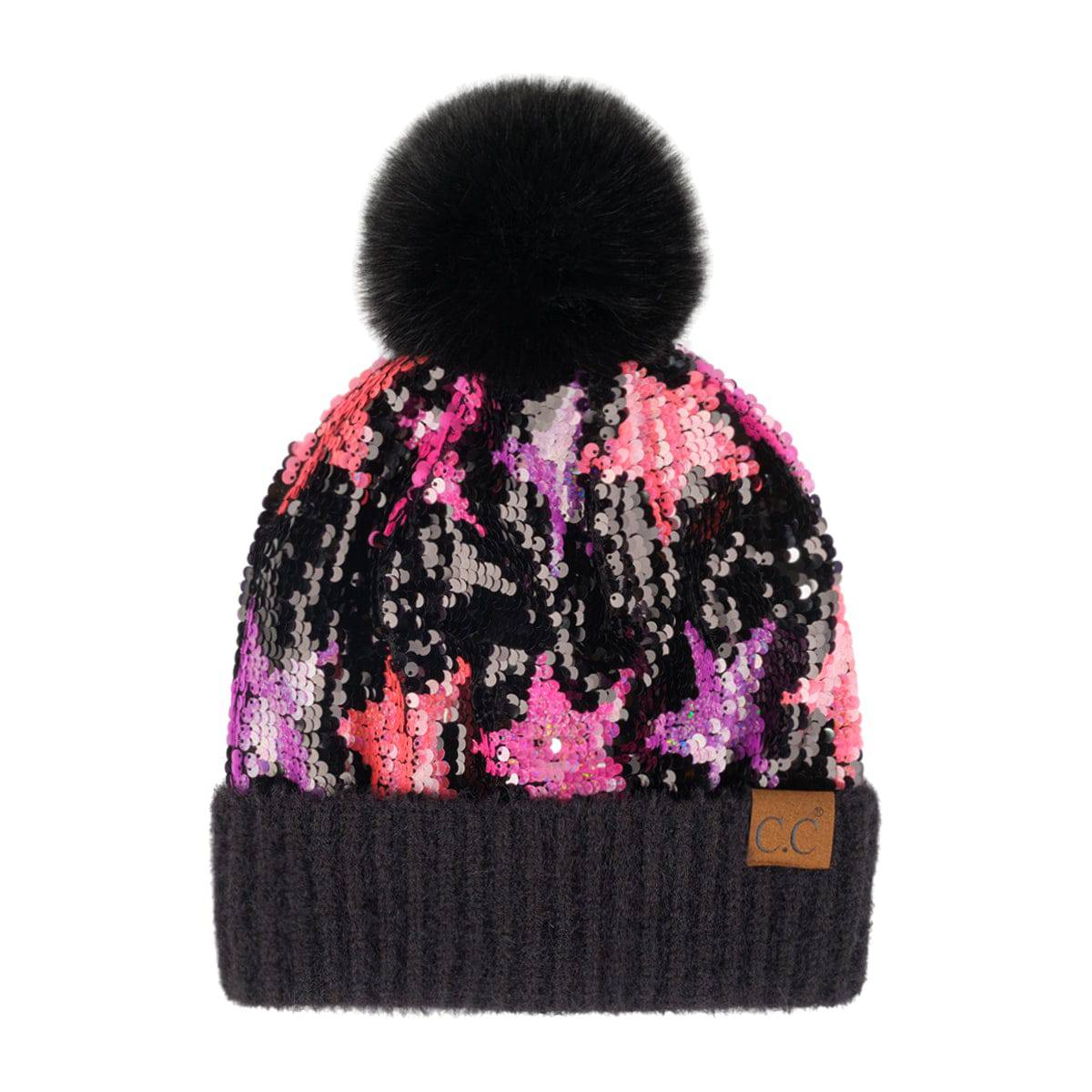 CC Sequin Fur Pom Beanie featuring a sparkling sequin design and a plush faux fur pom, available in adult and kid sizes.