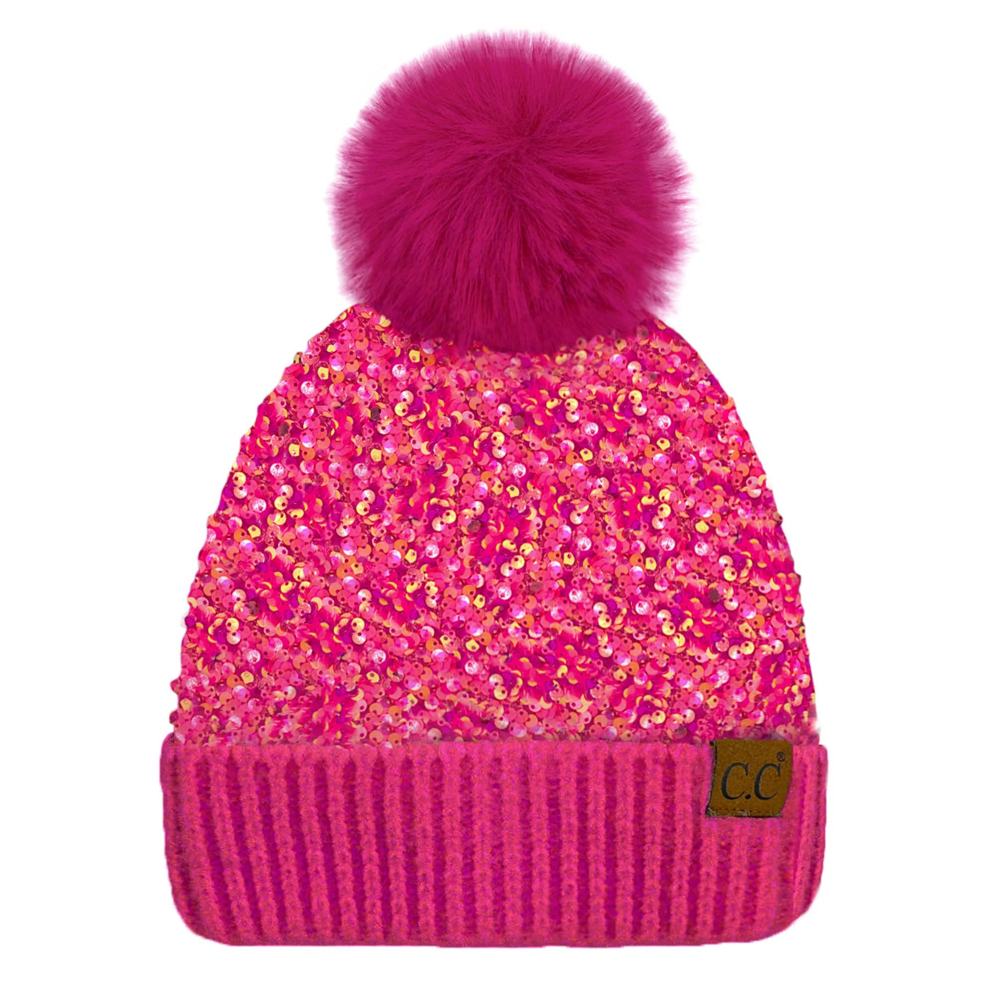 CC Sequin Fur Pom Beanie featuring a sparkling sequin design and a plush faux fur pom, available in adult and kid sizes.