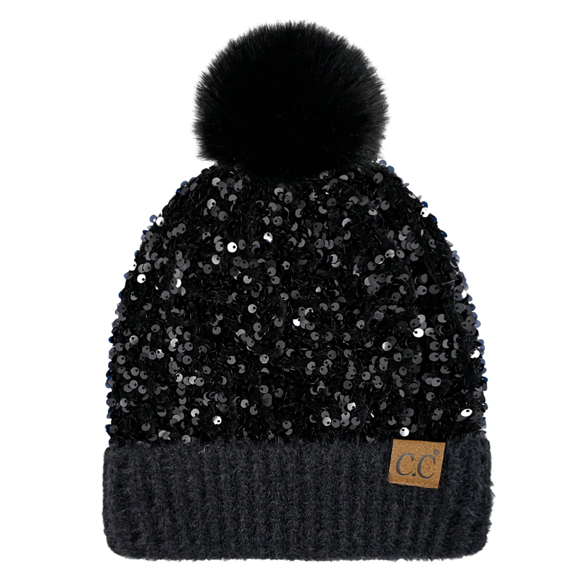 CC Sequin Fur Pom Beanie featuring a sparkling sequin design and a plush faux fur pom, available in adult and kid sizes.