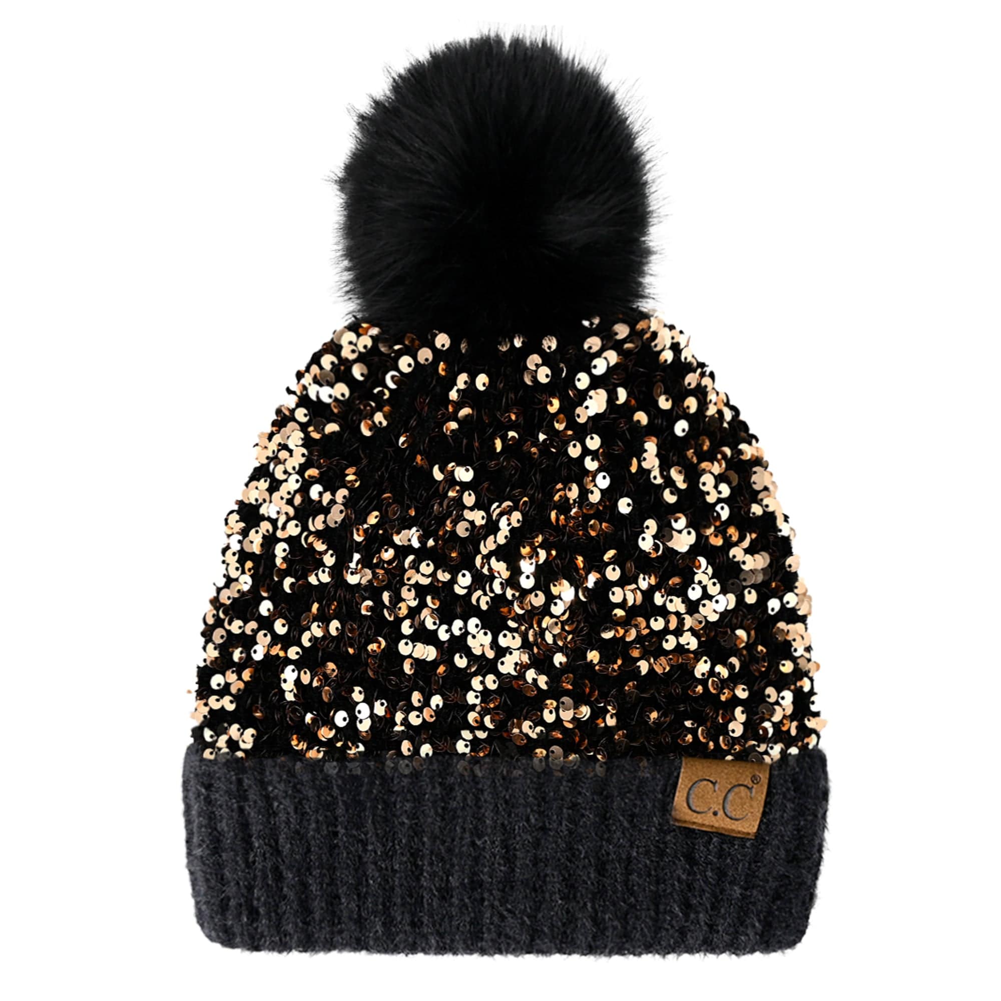 CC Sequin Fur Pom Beanie featuring a sparkling sequin design and a plush faux fur pom, available in adult and kid sizes.