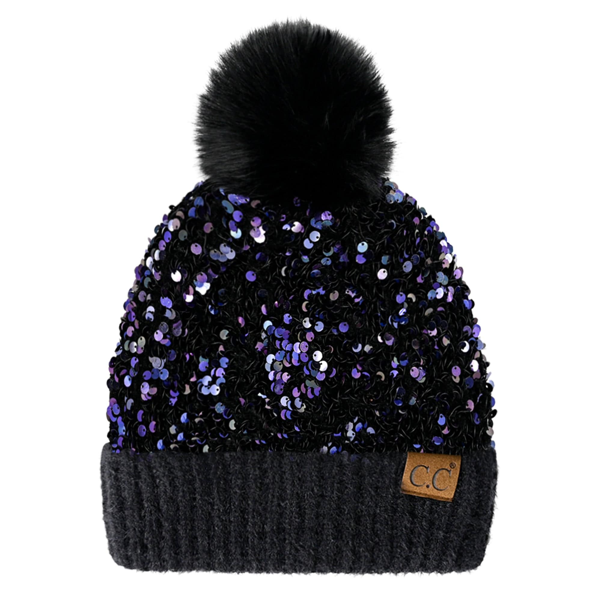 CC Sequin Fur Pom Beanie featuring a sparkling sequin design and a plush faux fur pom, available in adult and kid sizes.