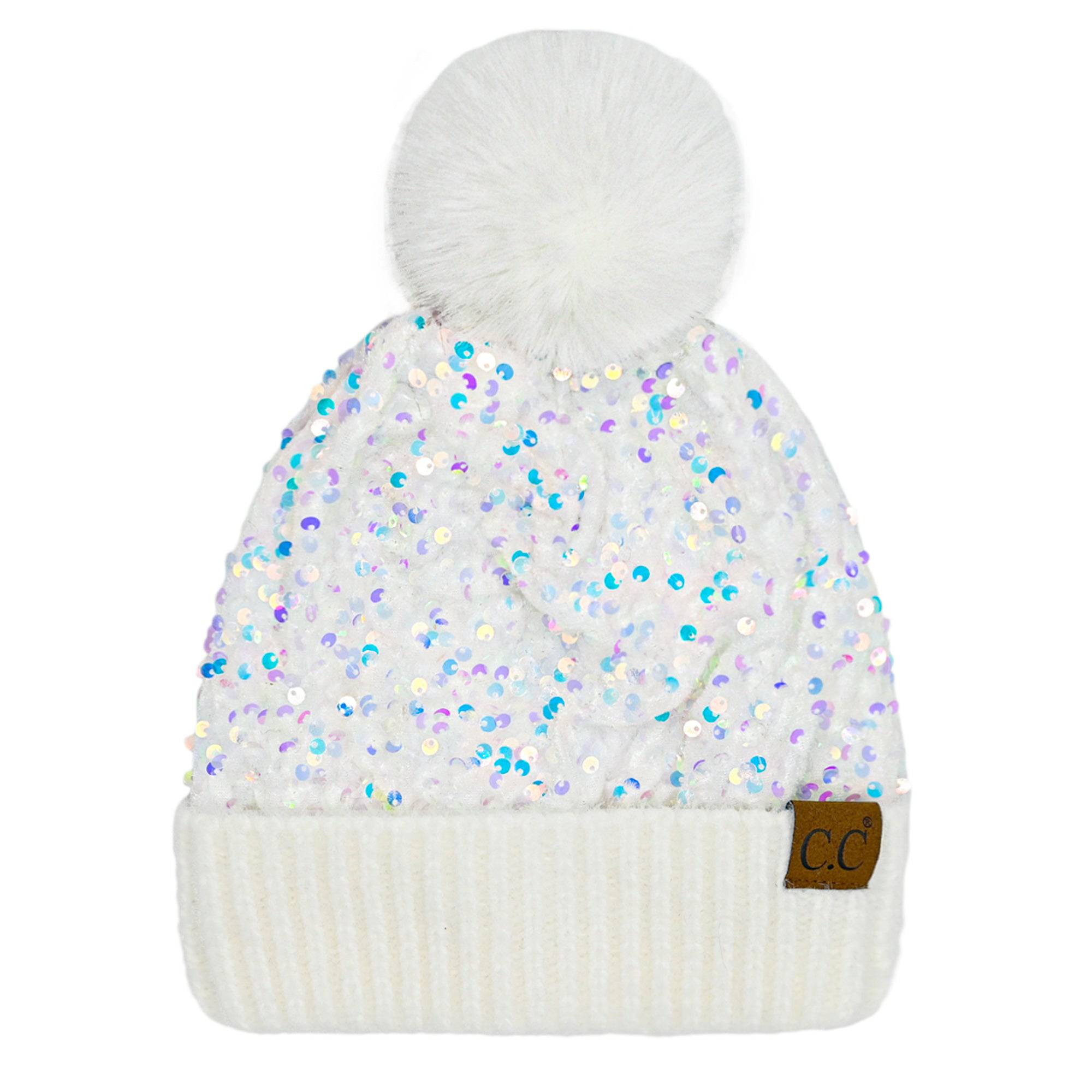 CC Sequin Fur Pom Beanie featuring a sparkling sequin design and a plush faux fur pom, available in adult and kid sizes.