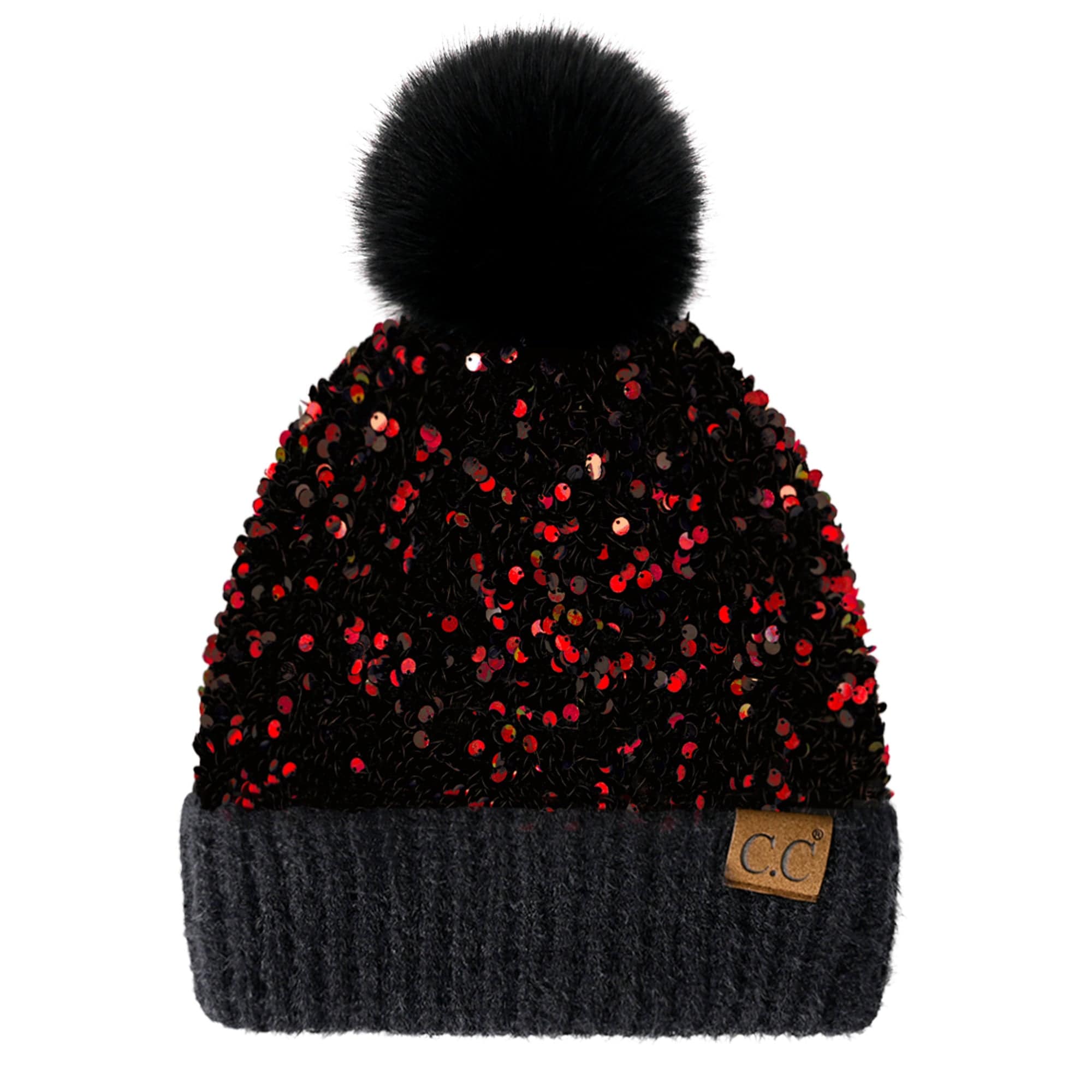 CC Sequin Fur Pom Beanie featuring a sparkling sequin design and a plush faux fur pom, available in adult and kid sizes.