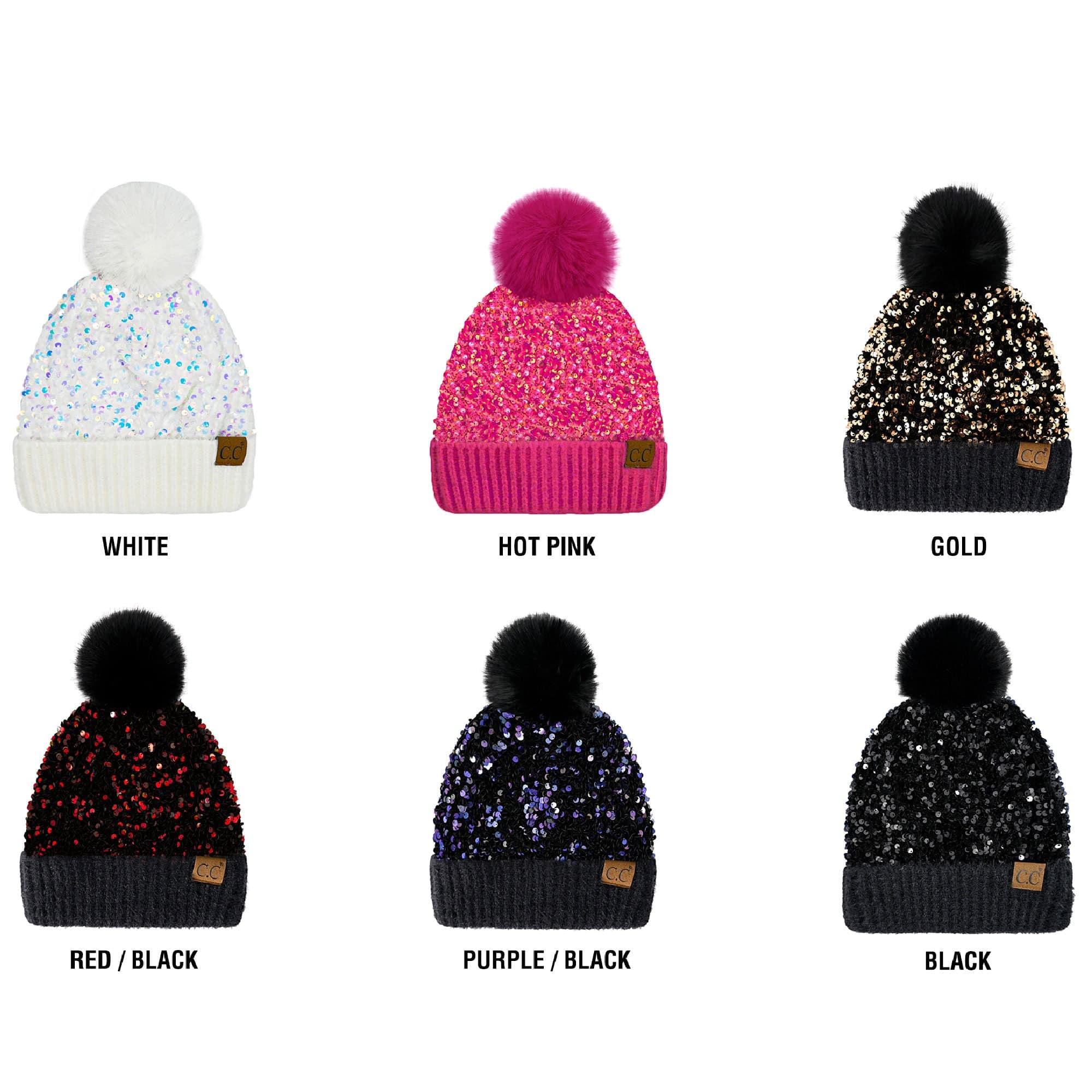 CC Sequin Fur Pom Beanie featuring a sparkling sequin design and a plush faux fur pom, available in adult and kid sizes.